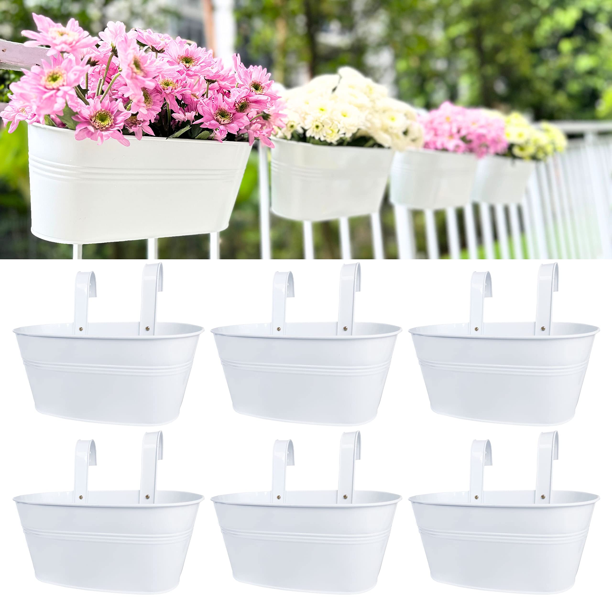 LaLaGreen Rail Planter Outdoor (6 Pack, 11.8 Inch) White Metal Iron Hanging Flower Pots Deck Railings Fence Buckets Modern Countryside Boho Style Wall Mount Window Box Plant Holder Hooks Porch Decor