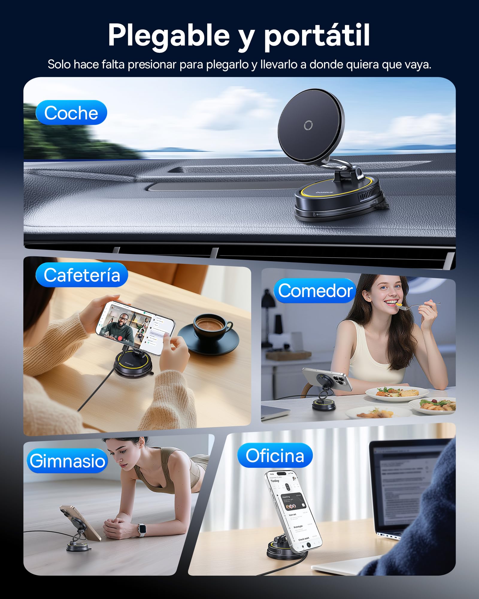 Baseus VC2 Flex Pro 15W Cargador Inalámbrico Coche, Soporte Teléfono Móvil para Coche con Función de Carga, Flexibilidad de 720°, Sujeción Magnética de 35N para iPhone 17-12 Serie, Samsung