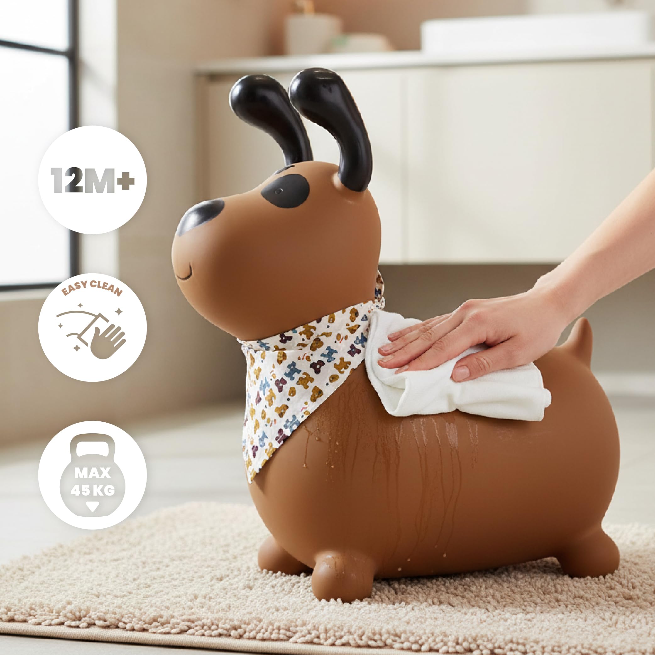sun baby Saltador Hinchable para Niños hasta 45 Kg sin BPA, de 1 año, Pelotas saltarinas para niños (Perro marrón con Bandana)