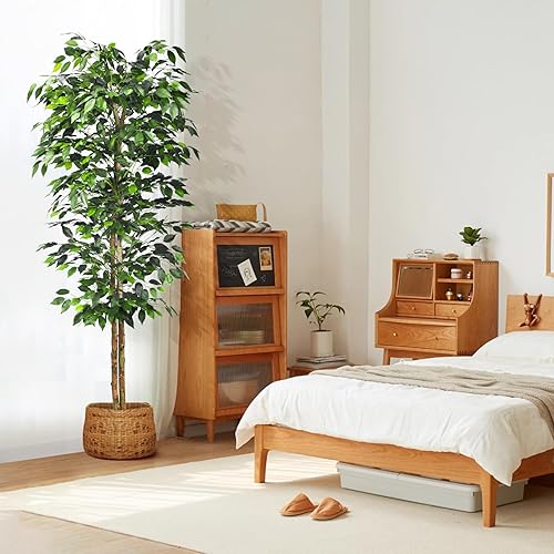 Miniatura 6 de 2 paquetes de árboles de ficus artificiales de 6 pies con hojas realistas y tronco natural, árbol de ficus sintético con maceta de plástico