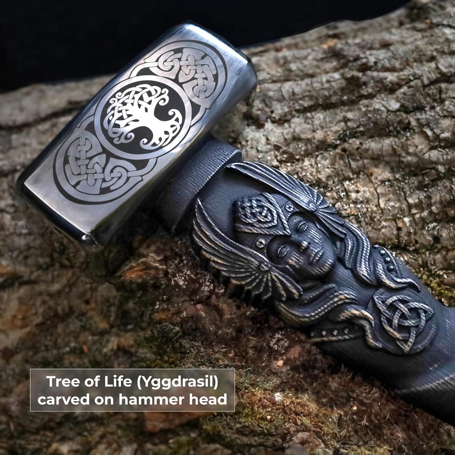 Viking Hammer Yggdrasil Tree of Life Norse Pagan Metal Hammers Handmade with Carved Odin Valkyrie Handle, Functional Gift