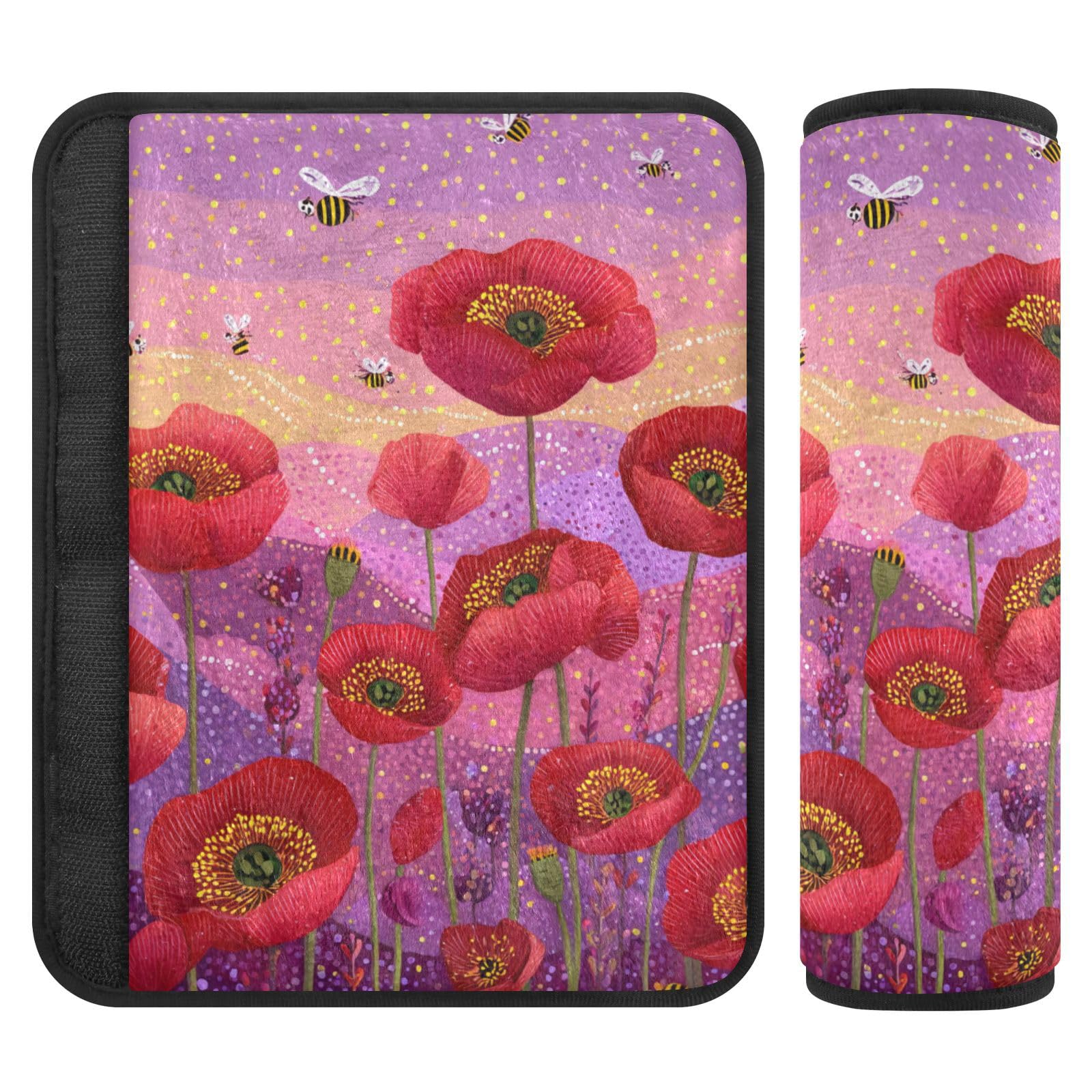 2 Pack Seatbelt Covers Seat Belt Cover Pad for Adults Boys Girls Car Seat Strap Covers Pads Cushion Universal Shoulder Strap Pad Protector for Backpack Camera Bag 6.5 Inch Poppy Flowers and Bees