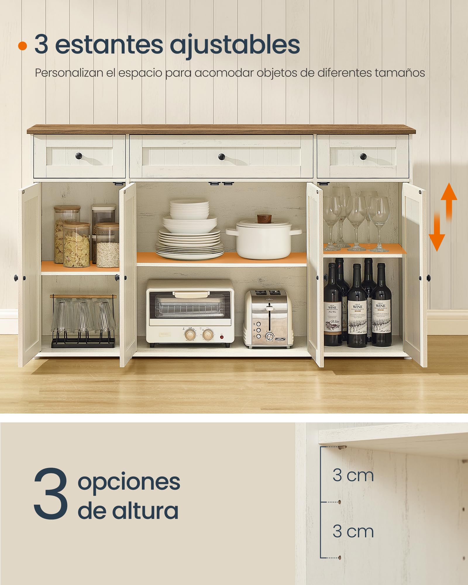 SONGMICS HOME Aparador, Montaje Súper Rápido Sin Herramientas Toolless, Mueble de Cocina con Encimera, Estantes Ajustables, Blanco Rústico y Marrón Miel BBK376WJ02