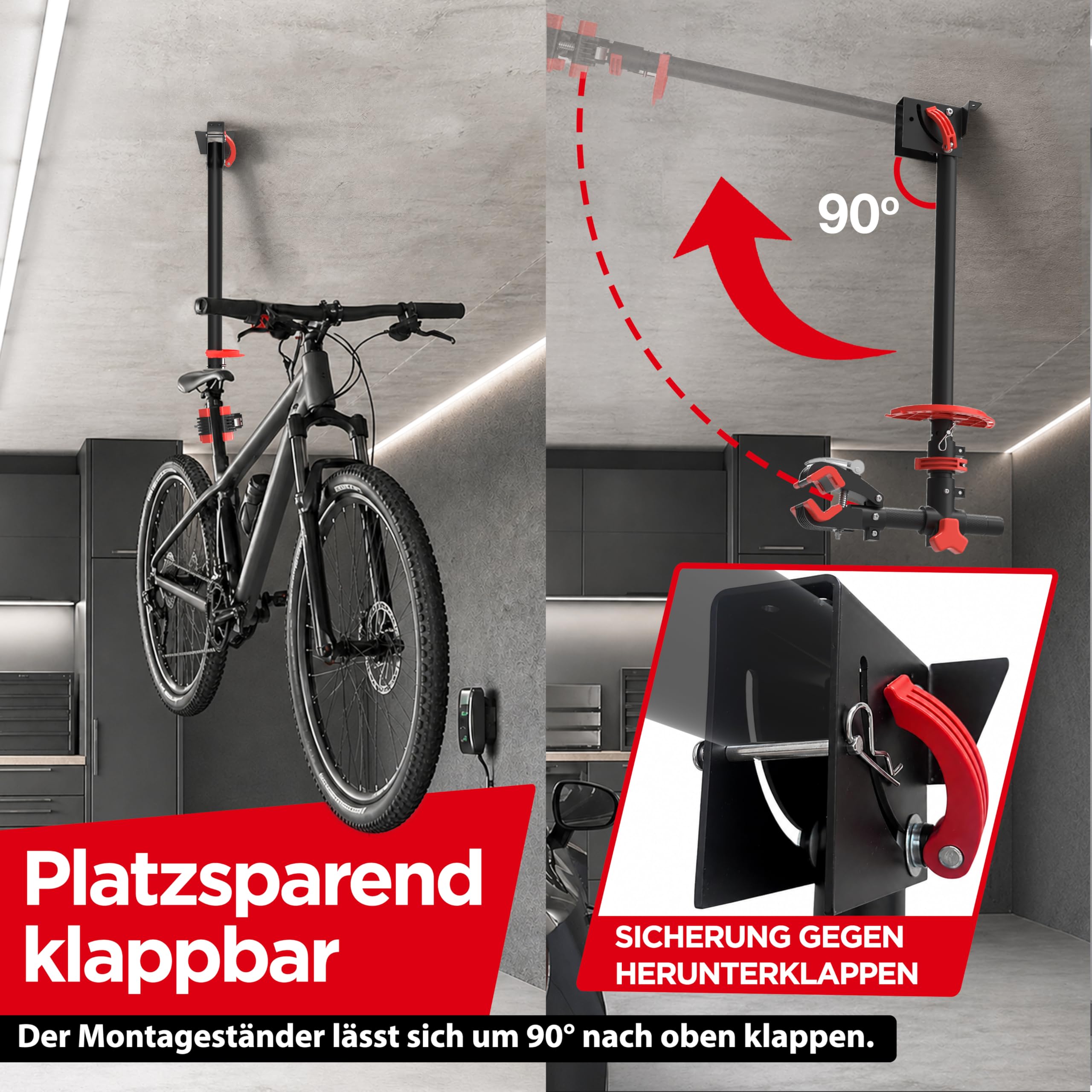 Adamix BikeClamp 30 Montageständer Deckenmontage, bis 30 kg, klappbar | Designed in Germany, höhenverstellbar, Fahrrad Montagehalterung und Reparaturständer für MTB, E-Bike, Rennrad