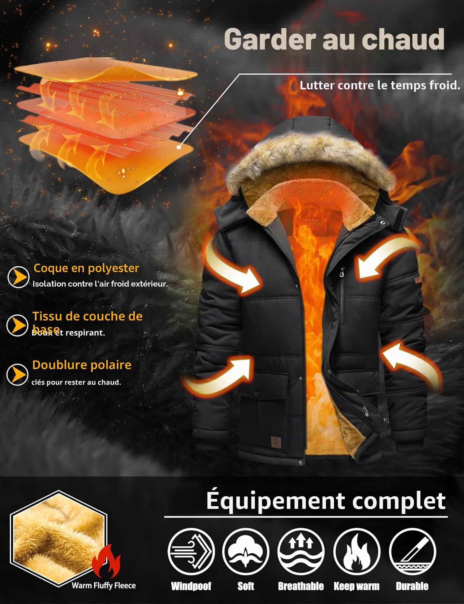 TACVASEN Homme Veste Homme Hiver Décontracté Veste Homme Coupe-vent Veste Homme Chaude Veste Homme Polaire Parka Capuche