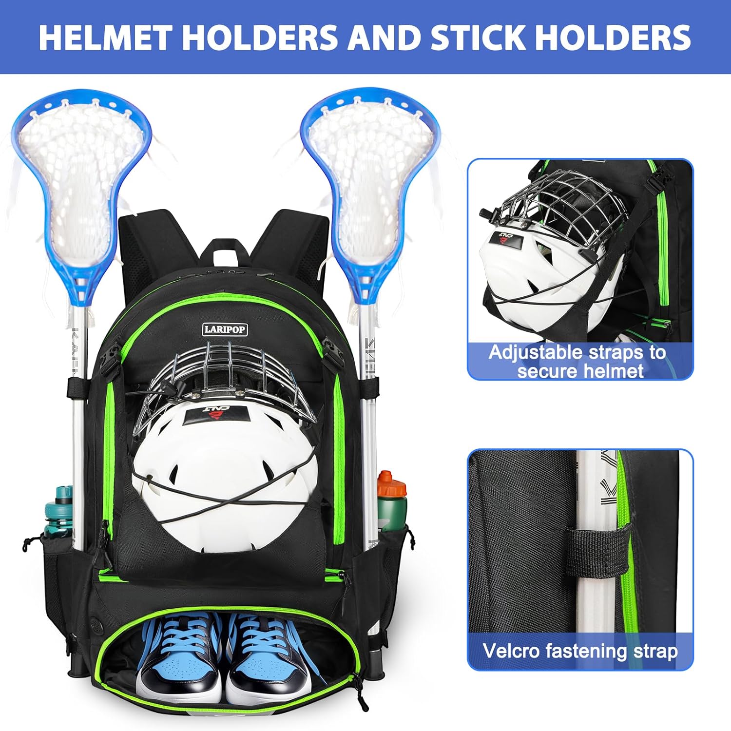 LARIPOP Lacrosse Bag Extra Large Backpack with Stick Holders & Helmet Compartment for Men Women Youth