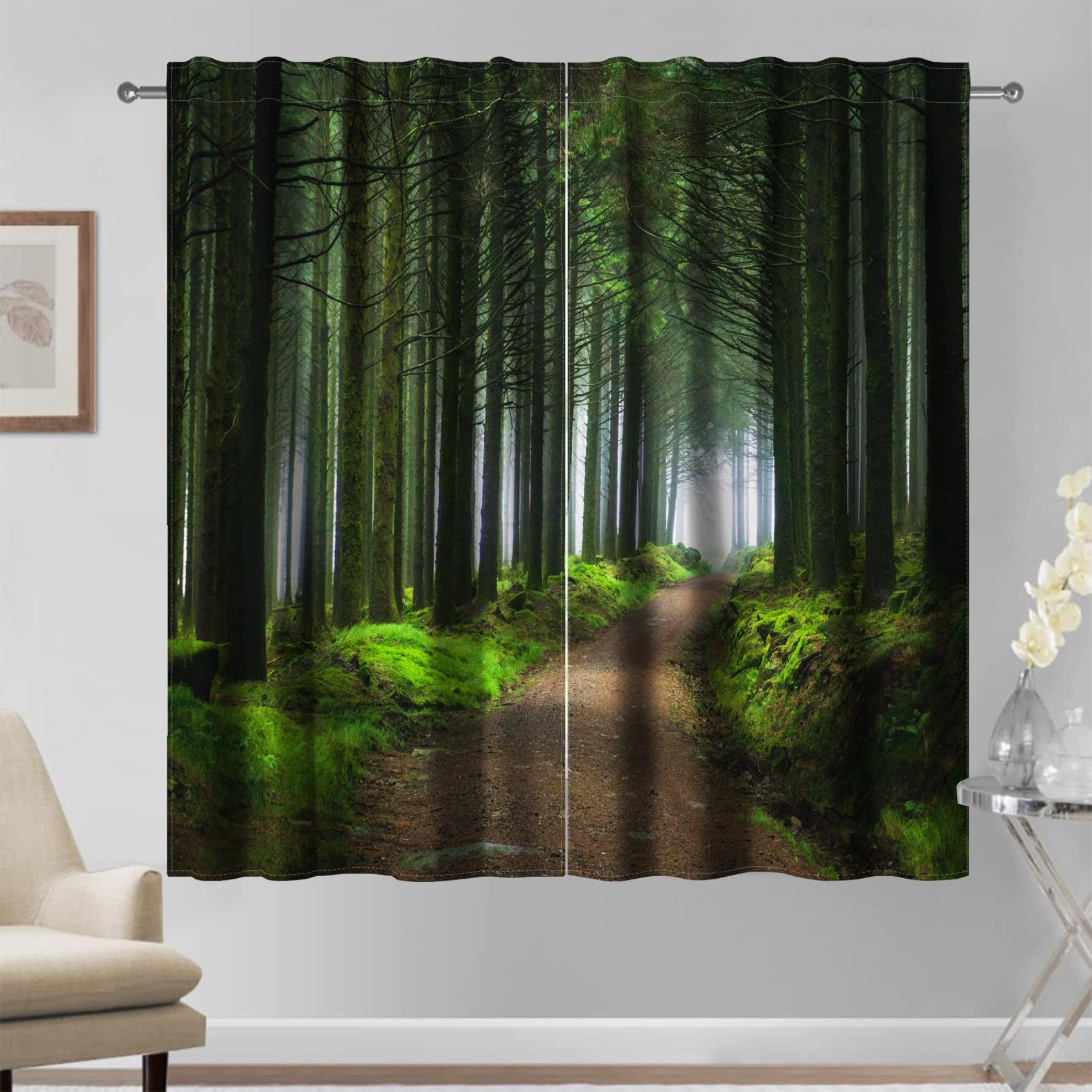 Kzzfqxb 117x229cm Rod Pocket Curtains 2 Panels, Country Forest Scenery Rural Road Through Dark Green Tall Trees in Foggy Morning Window Drapes, Fresh Nature Decor for Living Room Bedroom