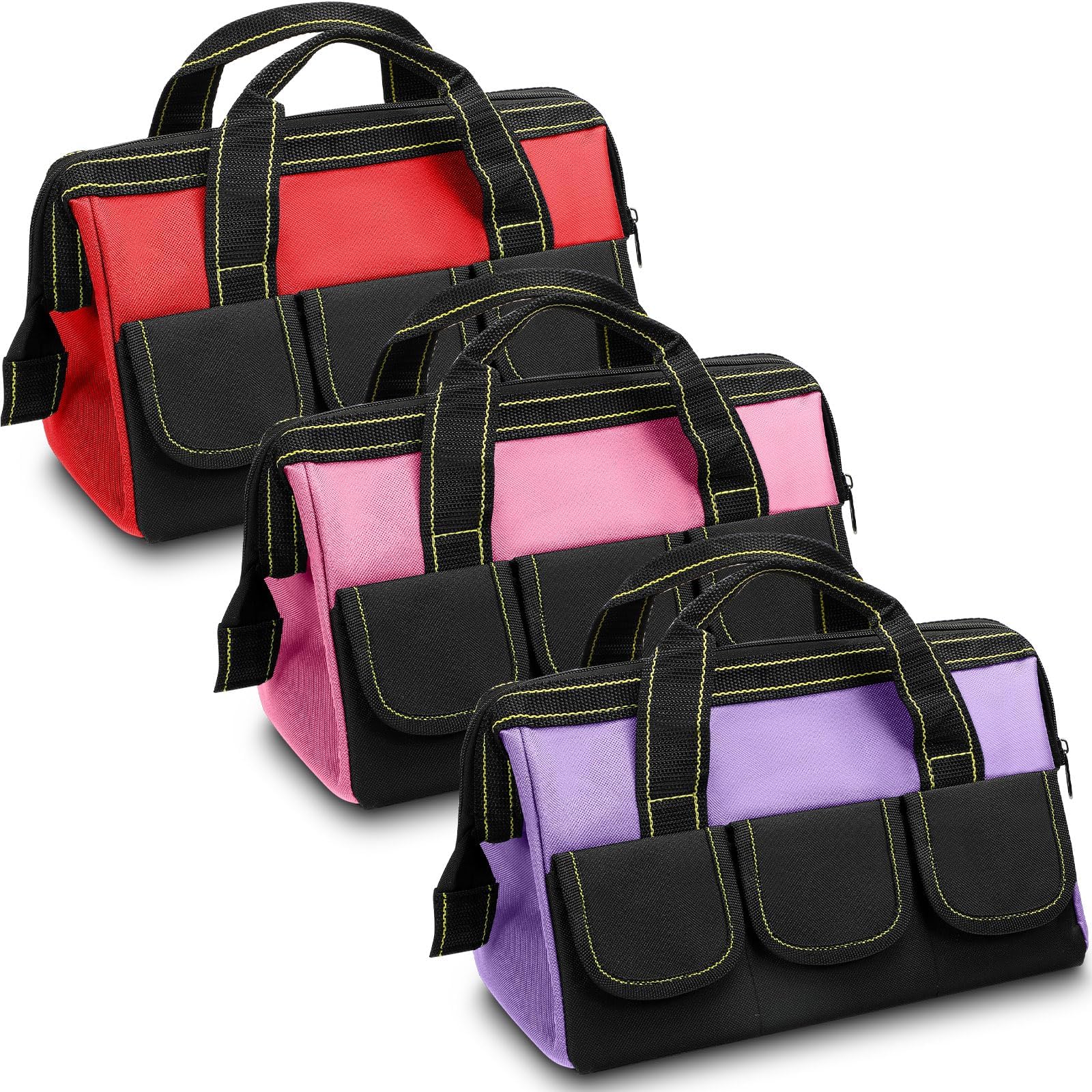 Sanwuta 3 Pack Tool Bag for Men with Waterproof Hard Bottom, Heavy Duty Tool Bag Wide Mouth Tote for Various Instrument, Electrician Carpenter Mechanic(Red, Pink, Light Purple,16 Inch,Classic)