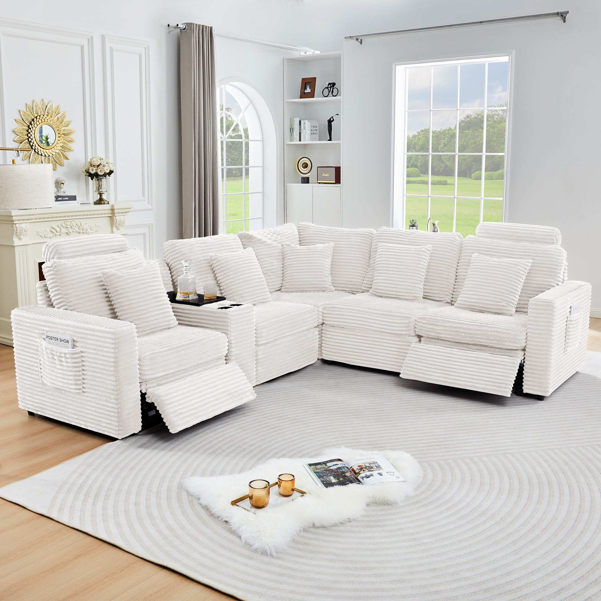 ORRD Oversized Modular Sectional Sofa with 2 Power Reclining, Electric Recliner Couch with Storage Console and Adjustable Headrest, Plush Corduroy Fluffy 5 Seat Corner Sofa for Living Room-White