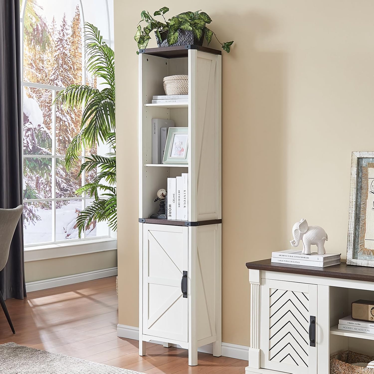 71" Tall Bookshelf, 5 Tier Bookcase with Adjustable Shelves and Barn Doors, White Farmhouse Bookshelf with Storage Cabinet, Wood Freestanding Display Bookshelves for Bedroom, Living Room