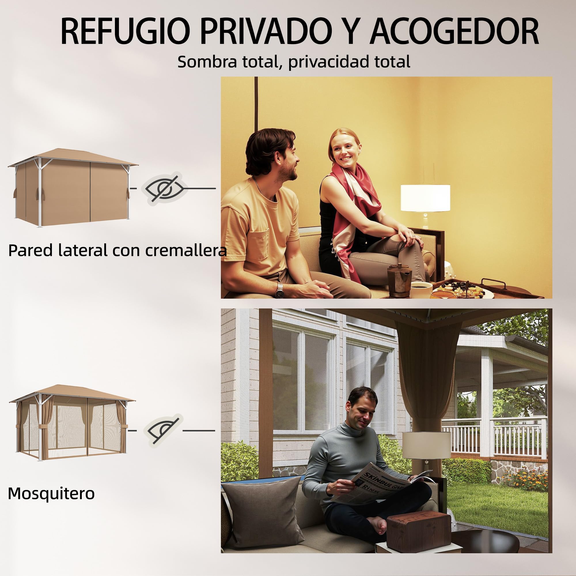Outsunny Cenador para Jardín 3x4 m, Pabellón de Jardín Gazebo con Techo Ventilado, 4 Paredes Laterales y 4 Mosquiteras, UPF50+, Estructura de Metal, Carpa para Exterior, Terraza, Patio, Caqui
