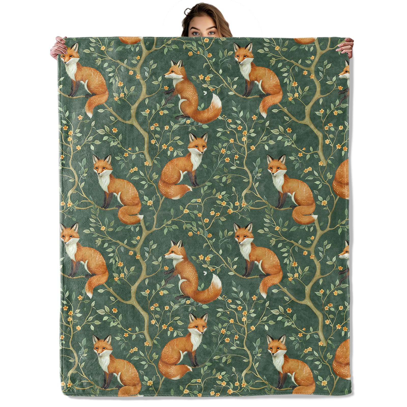 Fox Woodland Blanket 50X60 in, Flannel Throw Blankets for Travel Camping Sofa Living Room Decor, Lightweight Cozy Soft Fuzzy Gifts for Women Adults