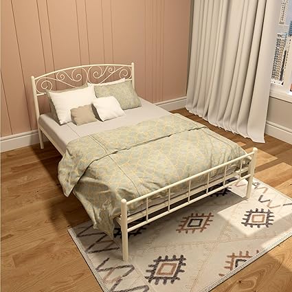 Homdec Antlia Metal Platform Bed with Headboard and Footboard, Heavy Duty Mattress Foundation : No Plywood Needed, Noise Free (Ivory, Double)