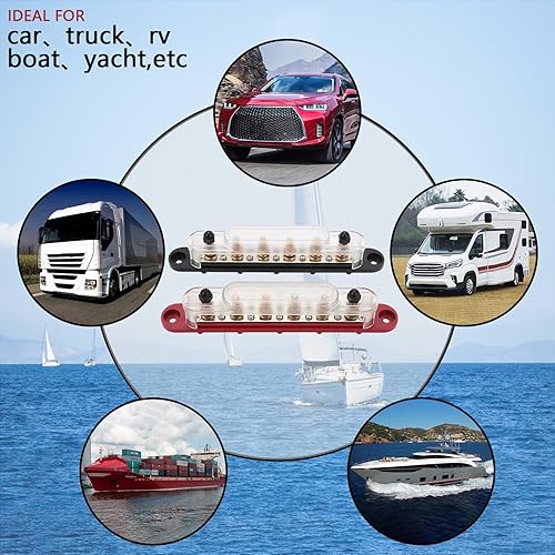 Miniatura 6 de MOFEEZ Barra de bus de bloque de distribución de energía, 6 postes de 516 pulgadas, 10 terminales de tornillos #8, máximo 48 V 250 A (par, rojo y