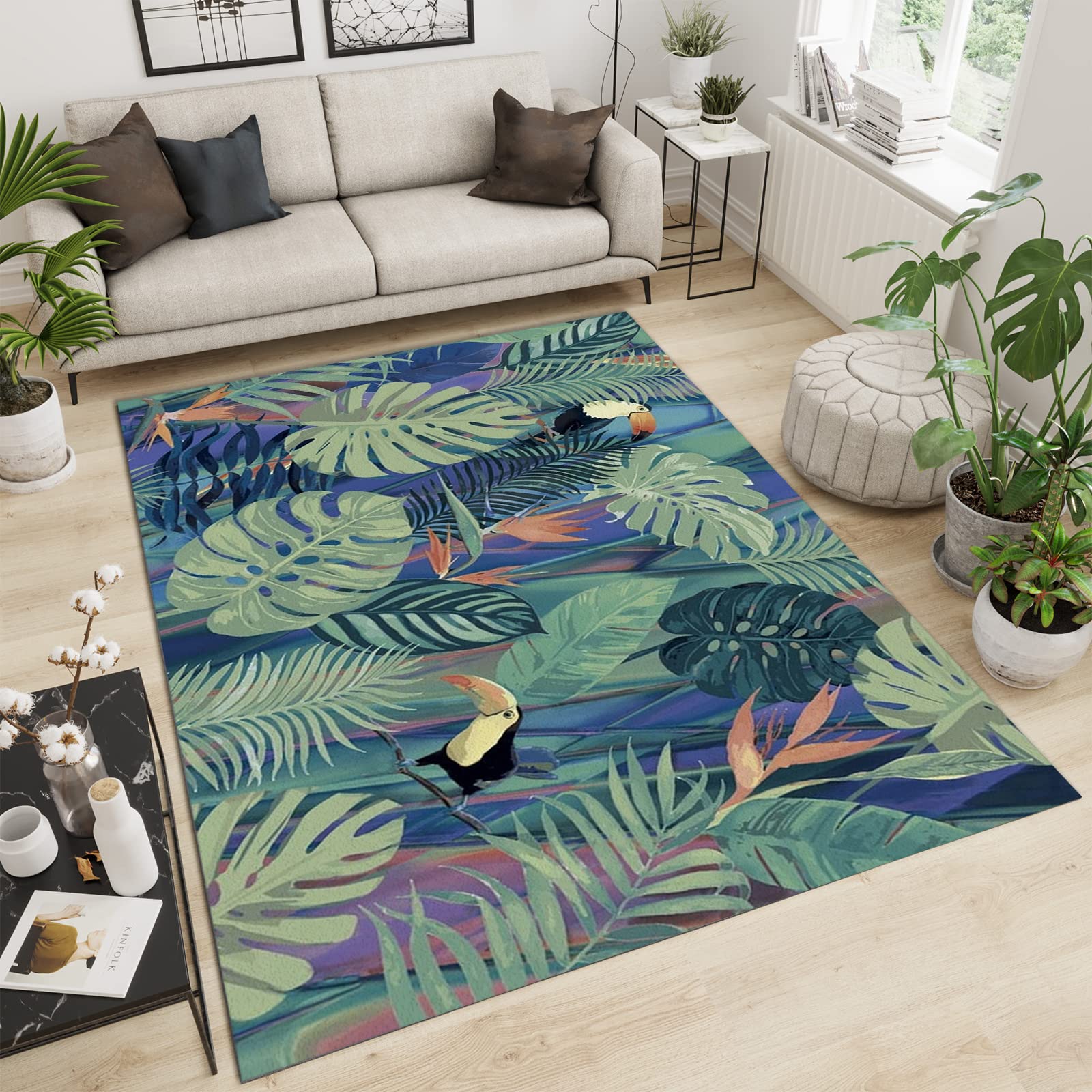 MOCHAMIK Tropical Rainforest Palm Leaf Banana Leaf Decoration Area Carpet, Natural Jungle Toucan Upholstery Carpet, High Density Dust-Proof for Family and Pet Bedroom Area Rug-60x100cm