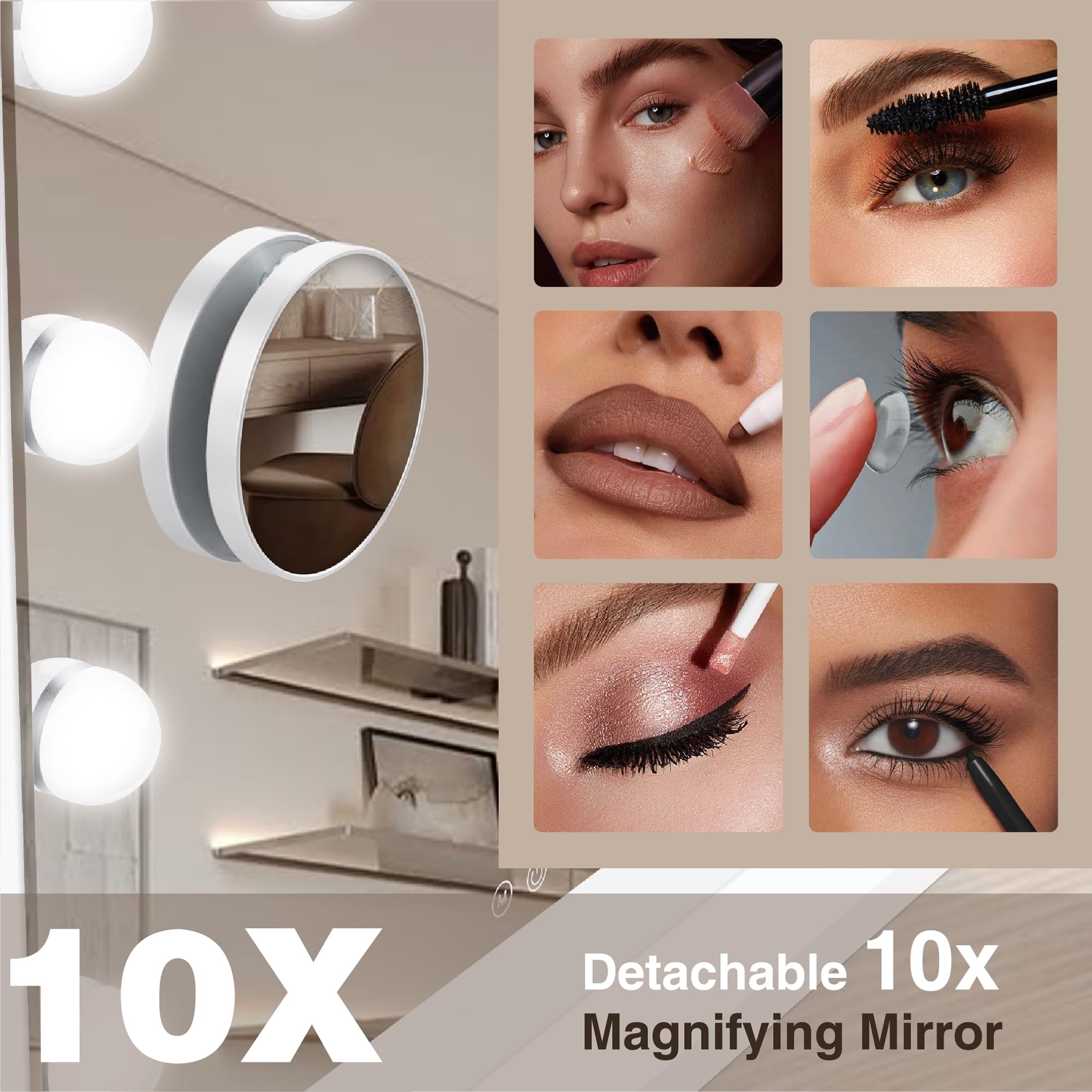 Miroir cosmétique Hollywood avec 3 Modes de Couleur, Miroir cosmétique éclairé avec Lampes LED à intensité Variable et grossissement 10x pour Bureau (52 cm x 40 cm)