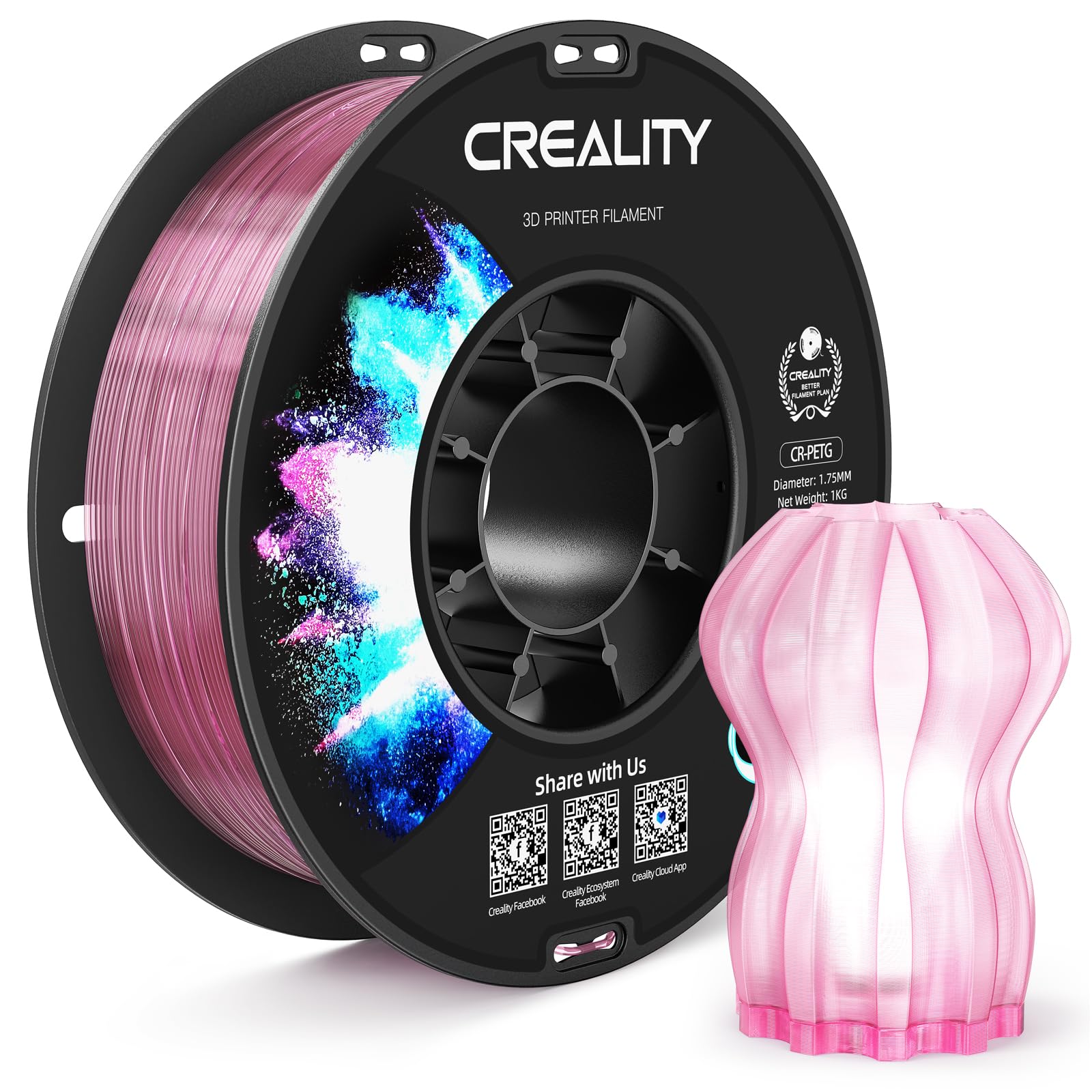 CREALITY PETG Filament 1.75mm 3D Printer Filament, 1kg (2.2lb) Neatly Wound Spool, Dimensional Accuracy ±0.03mm, Fit for Ender, Bambu Lab, ELEGOO FDM Printers, Translucent Light Pink