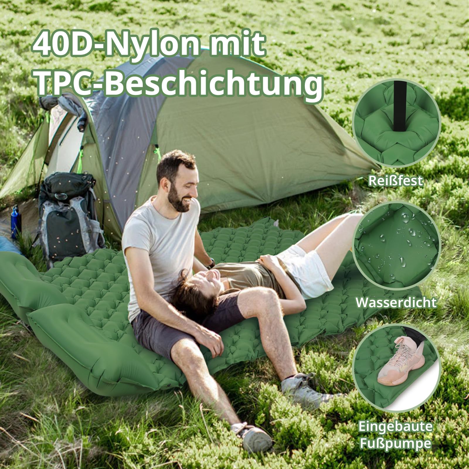 Materassino autogonfiabile per 2 persone, materassino da campeggio con pompa, ultraleggero con cuscino integrato, impermeabile, per esterni, escursioni, 120 x 190 cm (verde)