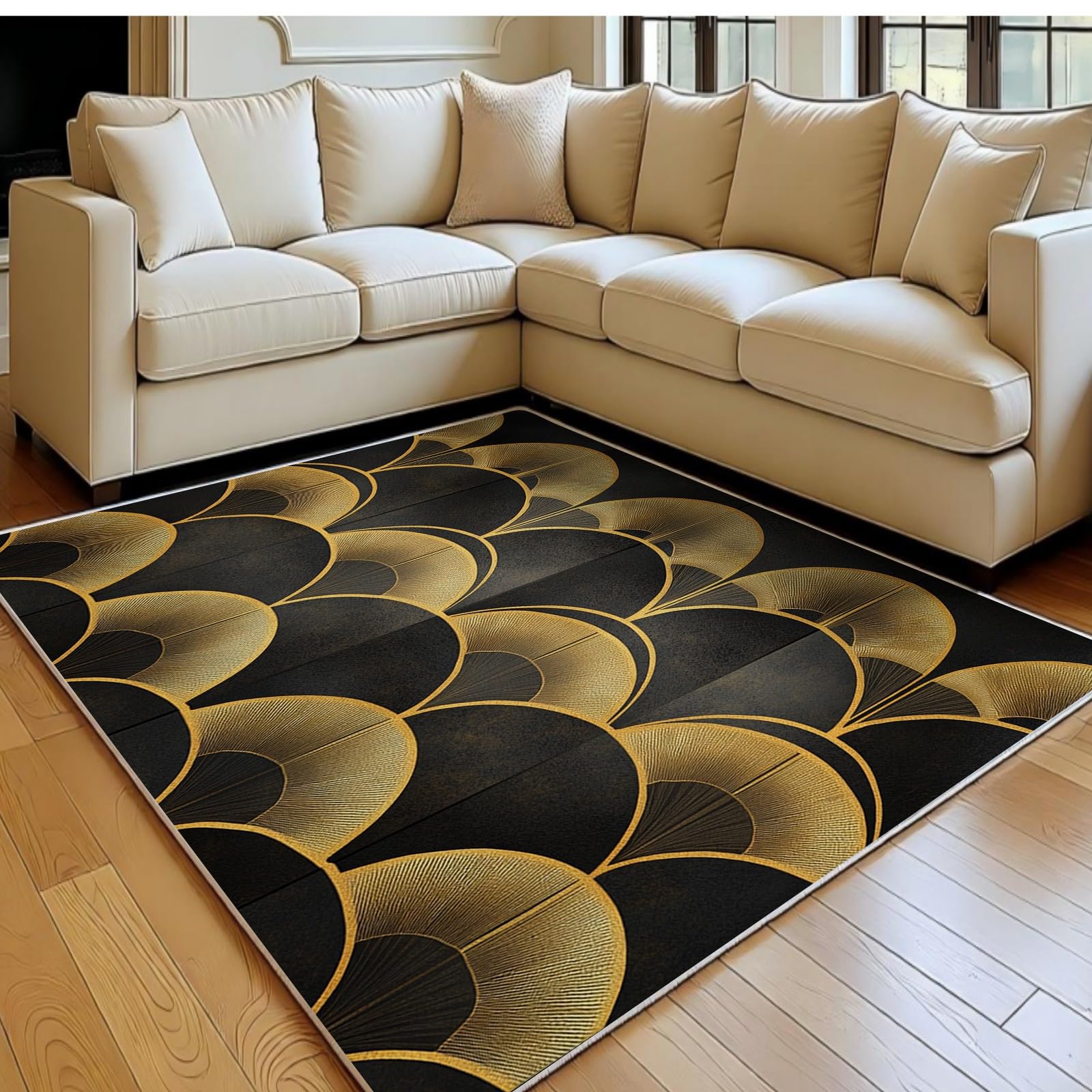 Tapis de salon 60 x 90 cm abstrait or à poil ras lavable