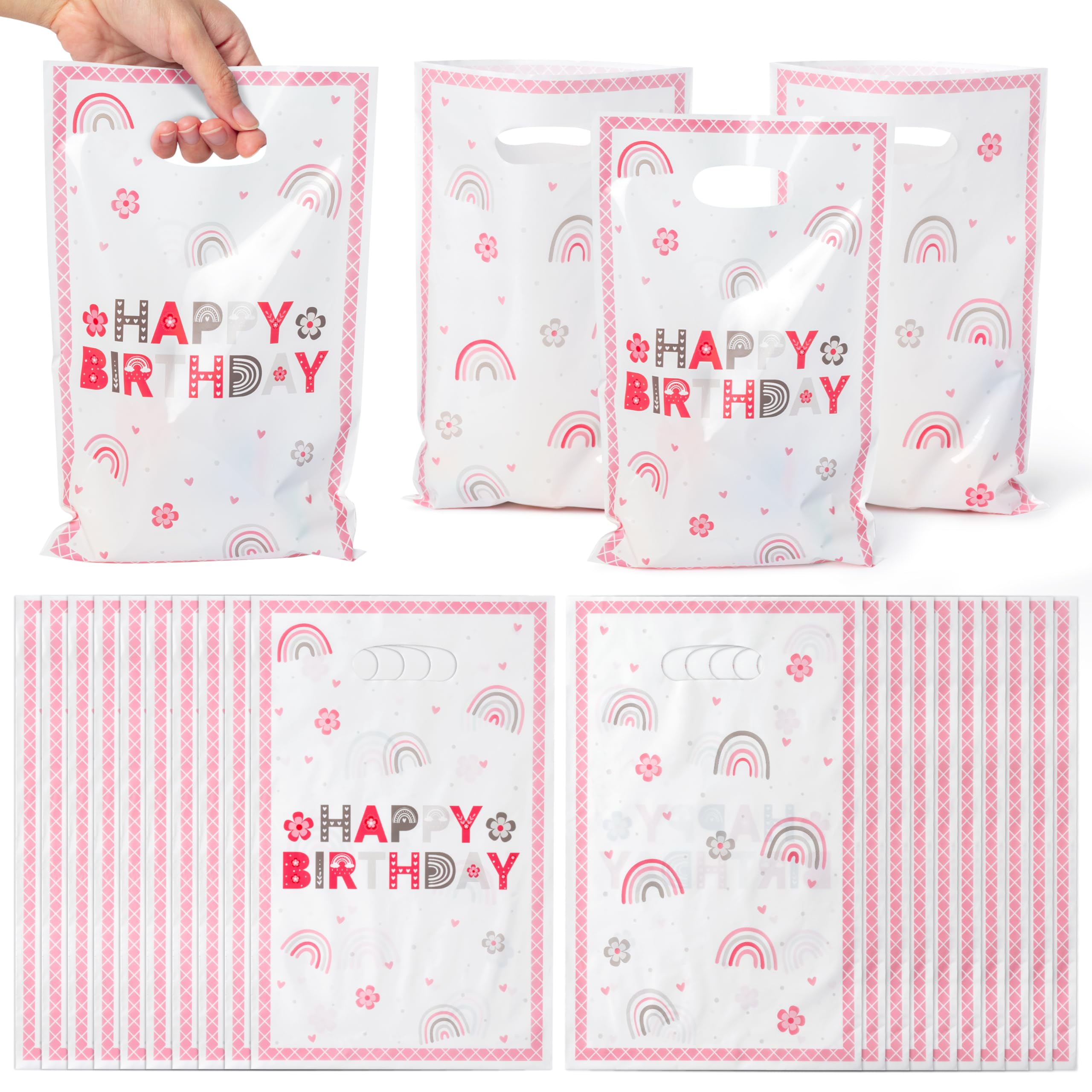 ArowlWesh 50Pcs Pink Boho Birthday Party Favor Bags, Plastic Boho Rainbow Goodie Candy Treat Gift Bag with Handles Retro Groovy Girls Kids Birthday