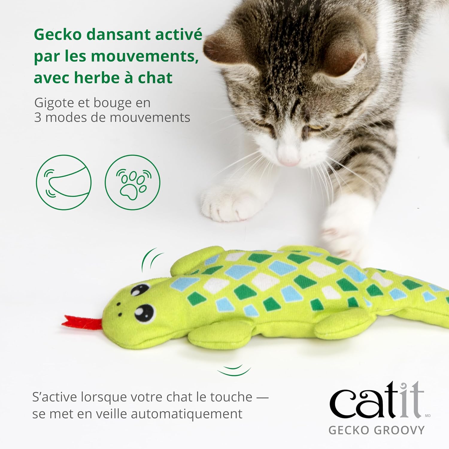 Catit Groovy Gecko Interactive Cat Toy | Flopping Motion Toy with Catnip & Silvervine, USB Rechargeable, Motion Sensor, Washable Cover, Green