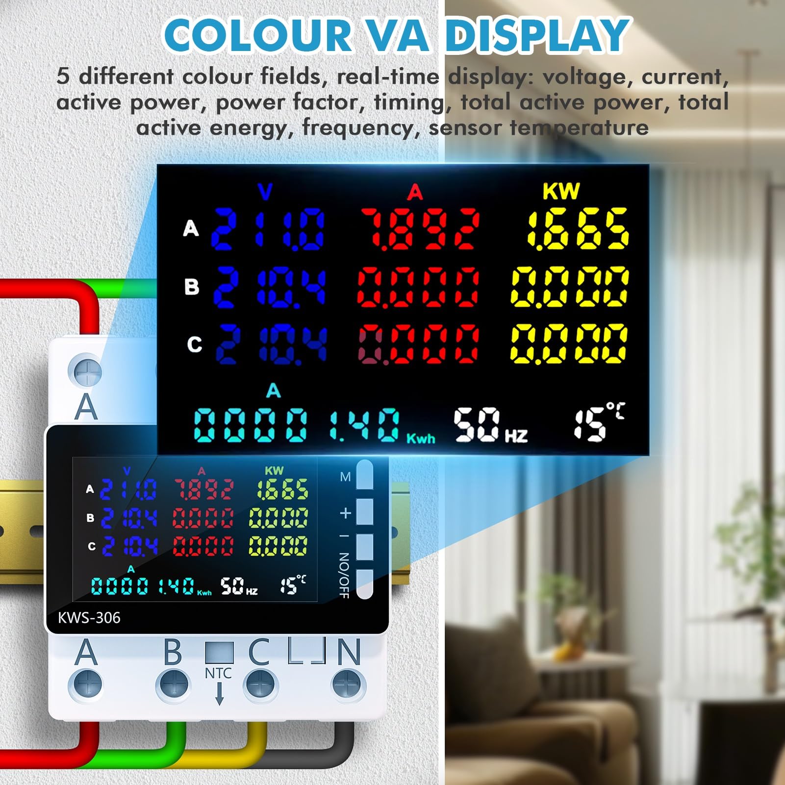 Medidor de Energía Trifásico 4 Hilos DIN Rail Voltímetro kWh 80A CA 85-290V | Contador Consumo Eléctrico Protección contra Sobretensión Subtensión y Sobrecorriente con Sonda de Temperatura