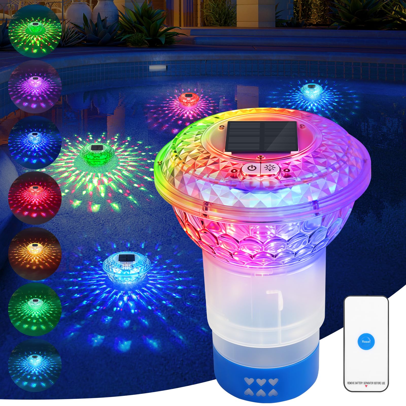 Dosierschwimmer Pool, 7 Farben Dosierschwimmer Whirlpool, Chlorschwimmer Pool mit Bunte Lichter, Solar Poolbeleuchtung mit Fernbedienung, für Hot Tub und Großraumpool, Einstellbare Freigabe