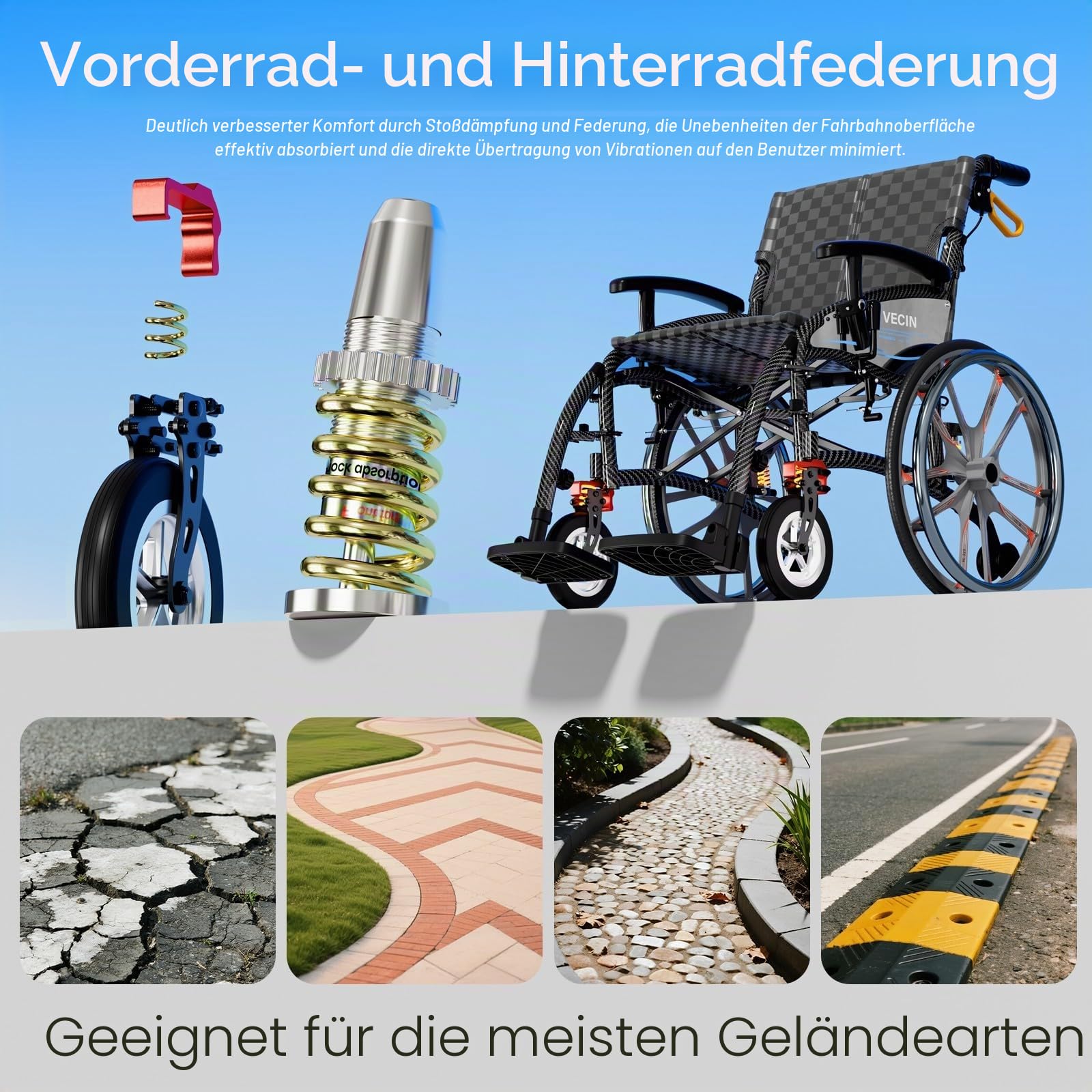 Leichter Faltrollstuhl mit Einstellbarer Stoßdämpfung, Selbstfahrender Rollstuhl, Zugbremse und Fußstütze, bis 200 kg Tragkraft, Selbstfahrbar für Senioren