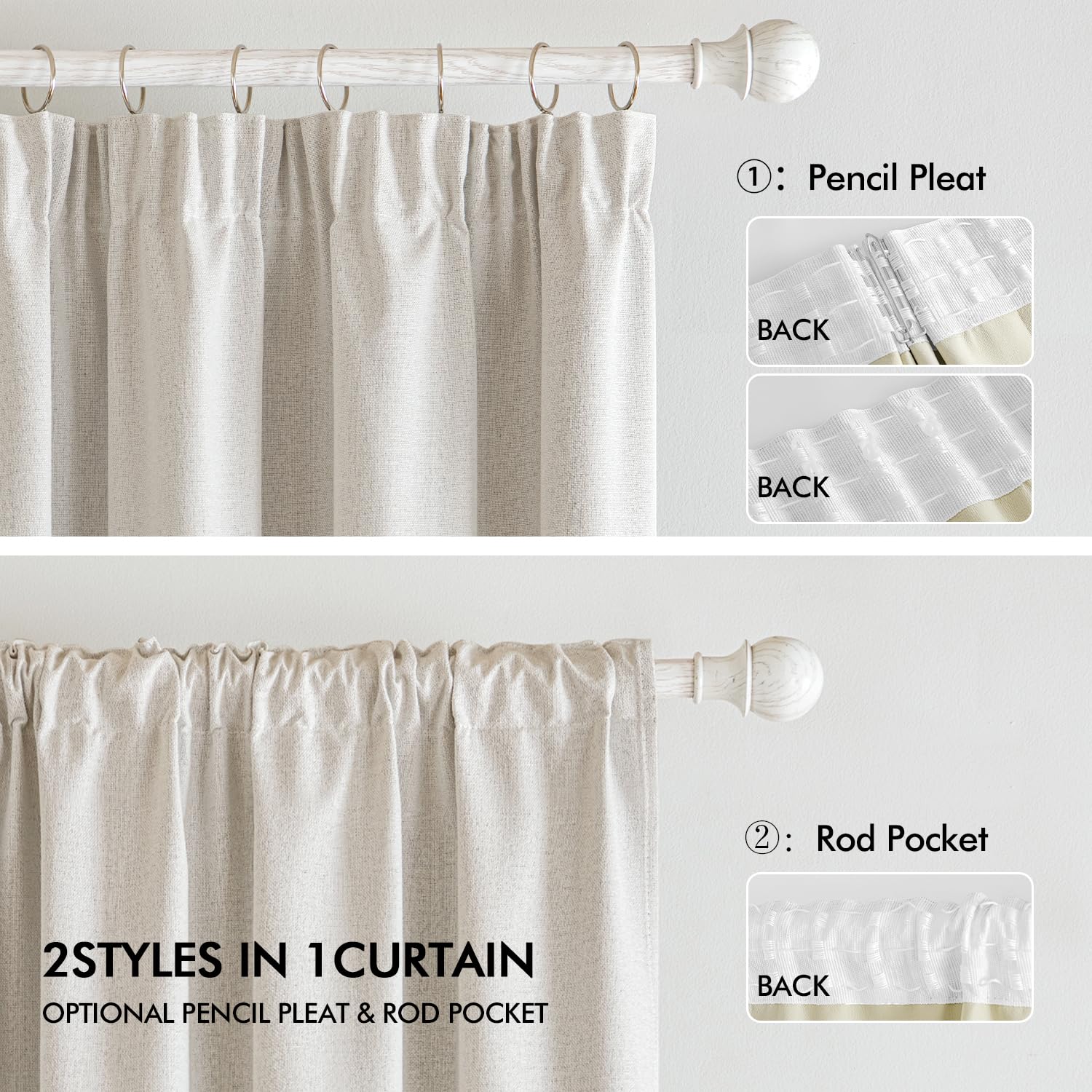 MIULEE Lot de 2 Rideaux Opaque Occultant Thermiques Isolant Aspect Lin 100% Bloquer Lumière，Anti-UV，Galon Fronceur Rideau Décoration pour Salon Chambre,140(L) x175(H) CM,Ivoire