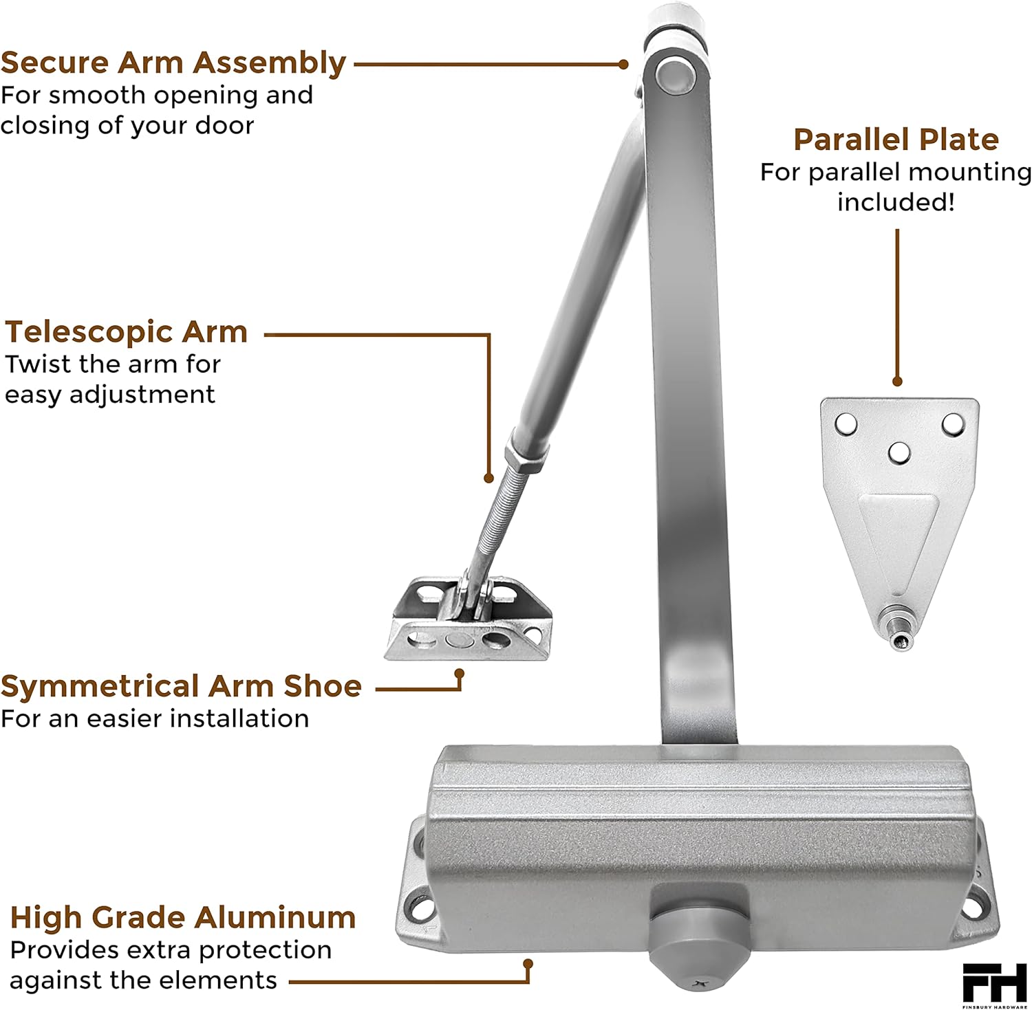 Automatic Door Closer Adjustable Size 3 Spring Hydraulic Auto Door Closer Residential Garage Suite Entry UL Listed Fire Rated Latch Speed Power 3 (Aluminum)