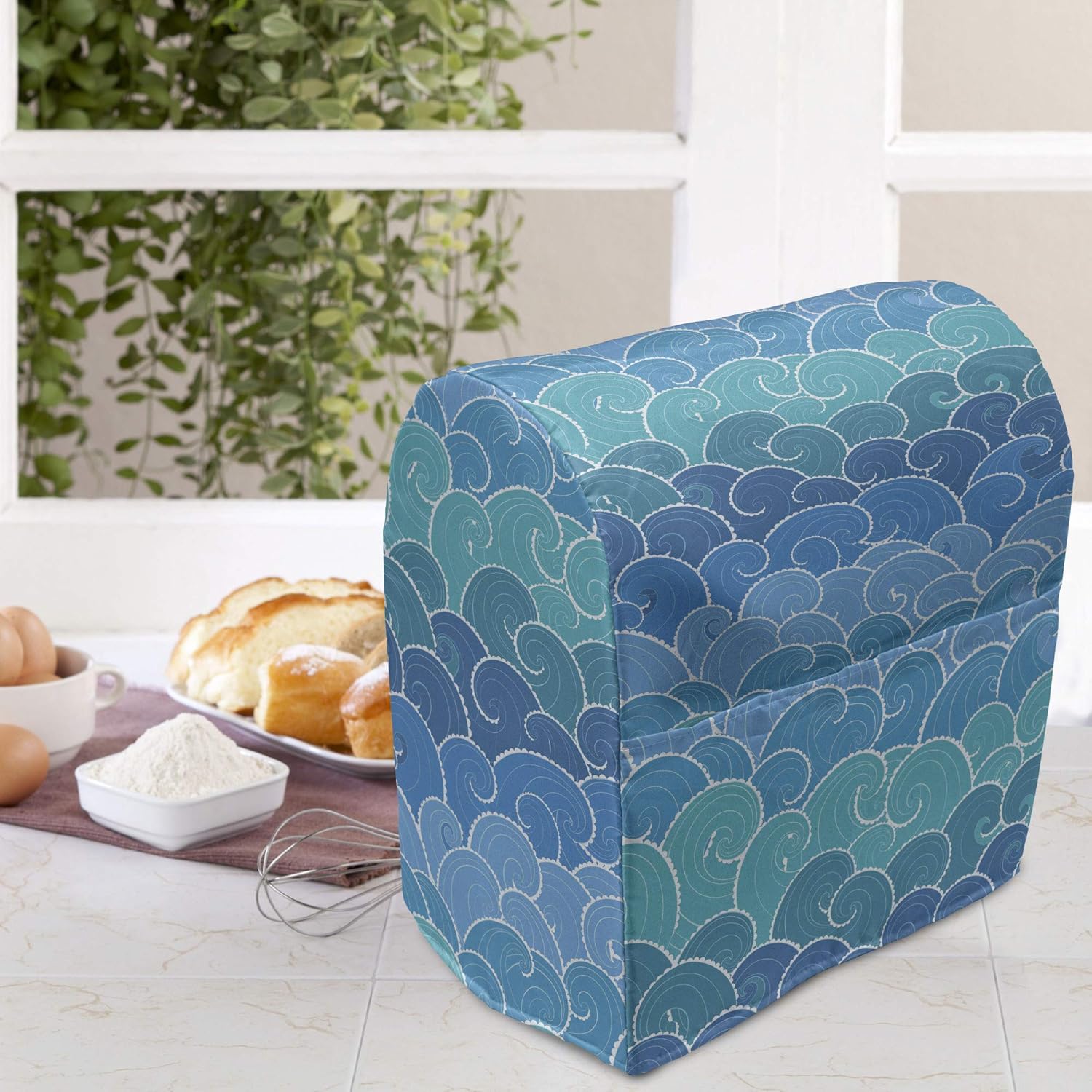 Lunarable Nautical Stand Mixer Cover, Doodle Style Waves with Curvy Lines Ocean Storm Abstract Seascape, Kitchen Appliance Organizer Bag Cover with a Pocket, 6-8 Quarts, Blue Teal and Turquoise