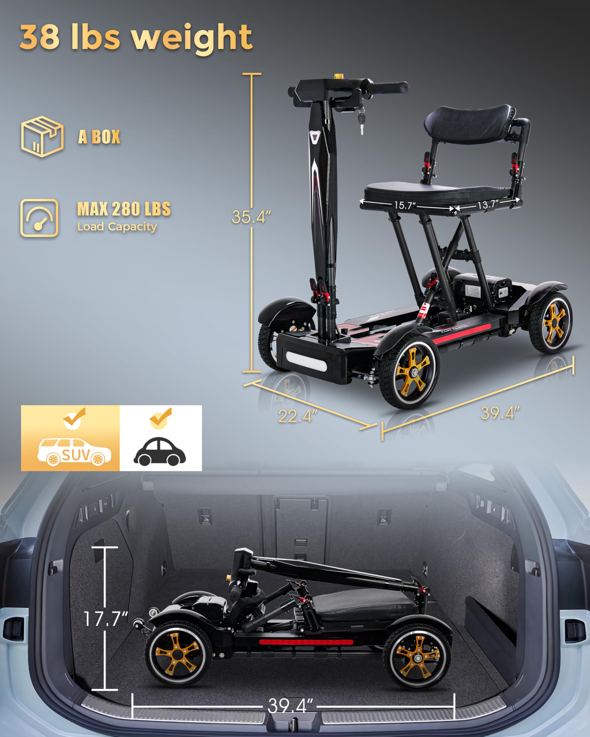 Silla de ruedas eléctrica plegable ultraligera de 17 kg (38 lbs), scooter de movilidad con 90% de fibra de carbono, doble batería y 20 km de autonomía. Montaje rápido en 30 segundos for viajar.