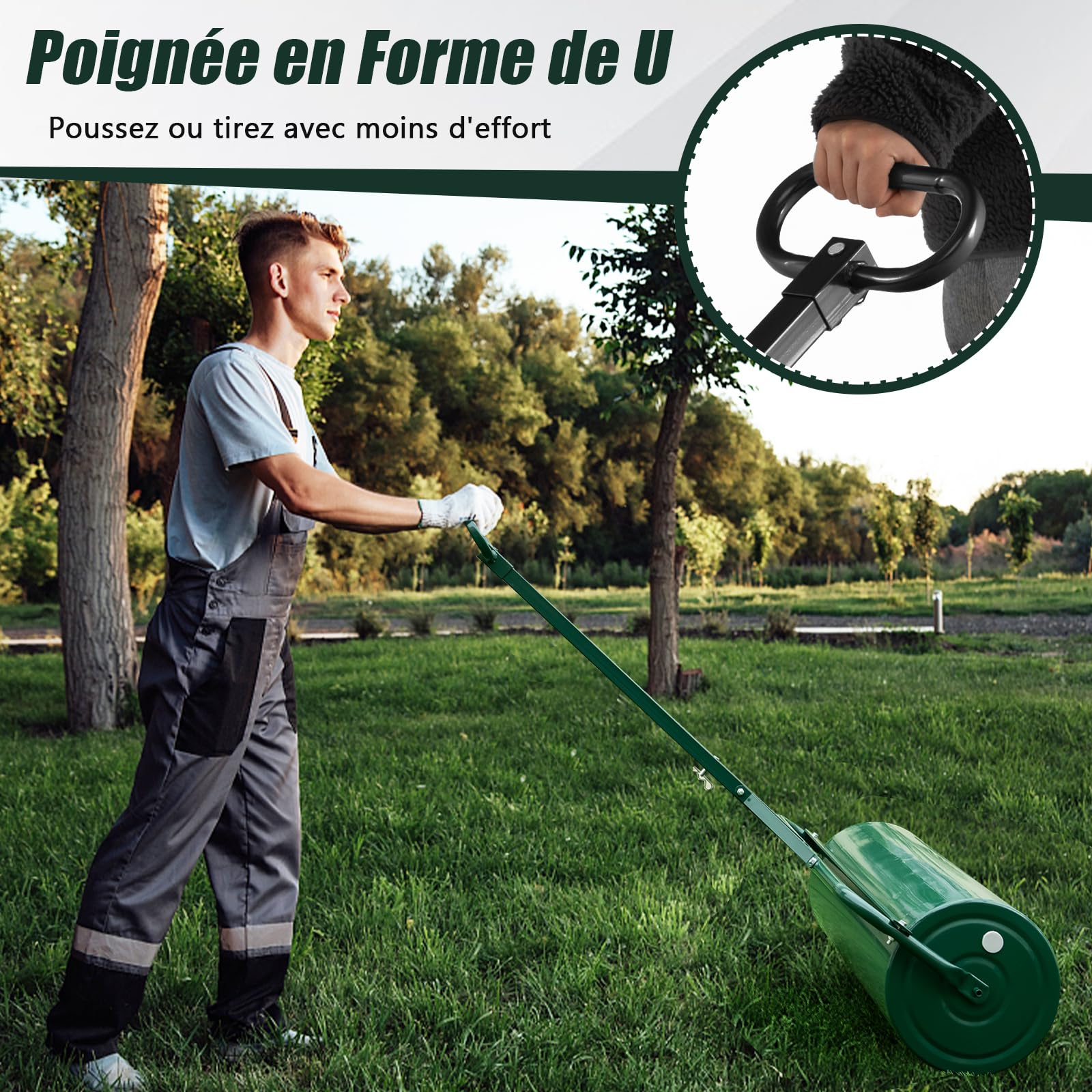 RELAX4LIFE Rouleau à Gazon de Jardin avec Poignée Volume 63L - Ø30 CM, Hauteur 137cm Remplissable de Sable/Eau, Construction Stable en Métal, Haute Résistance, pour Jardin, Parc, 99X30X137 CM (Vert)