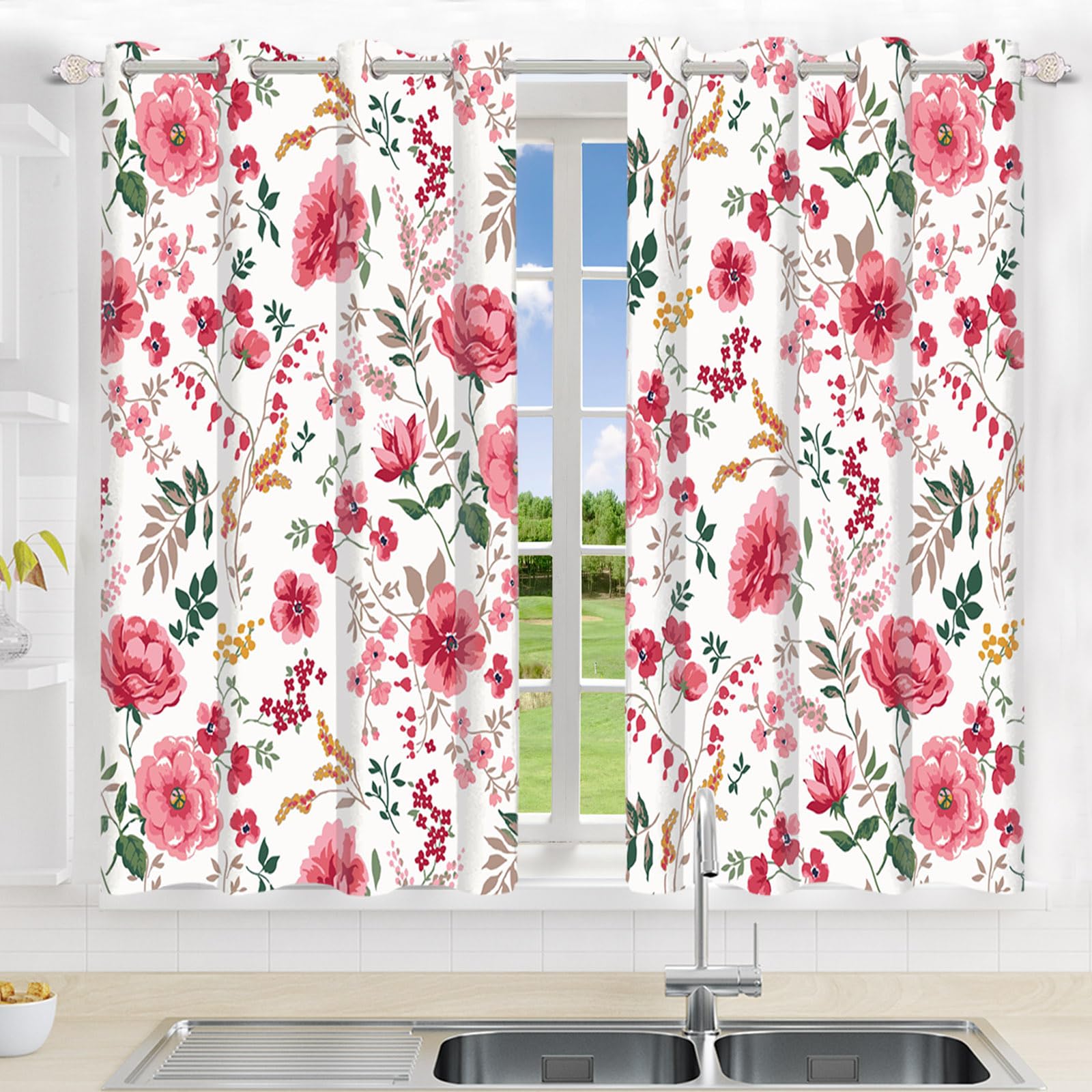 117x229cm Rideau à œillets Fleuri Rose Fleuri Esthétique Botanique Fermière Style champêtre Rideaux isolants Thermiques Oeillets Occultants Rideaux pour Chambre de Fille Salon,2 Panneau