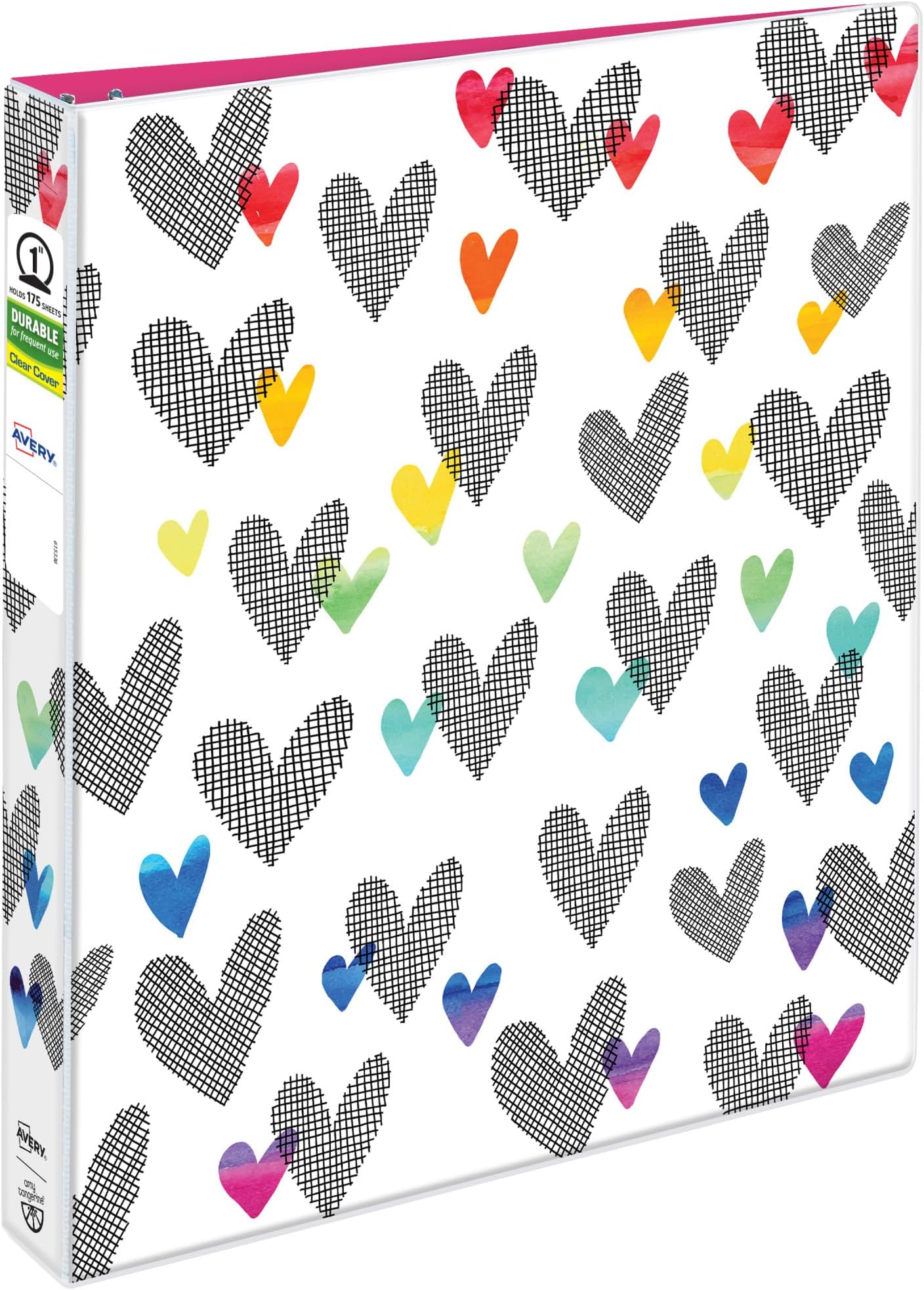 Amy Tangerine Designer Collection Binder, 1"Round Rings, 175-Sheet Capacity, Hatch mark Hearts (28320)