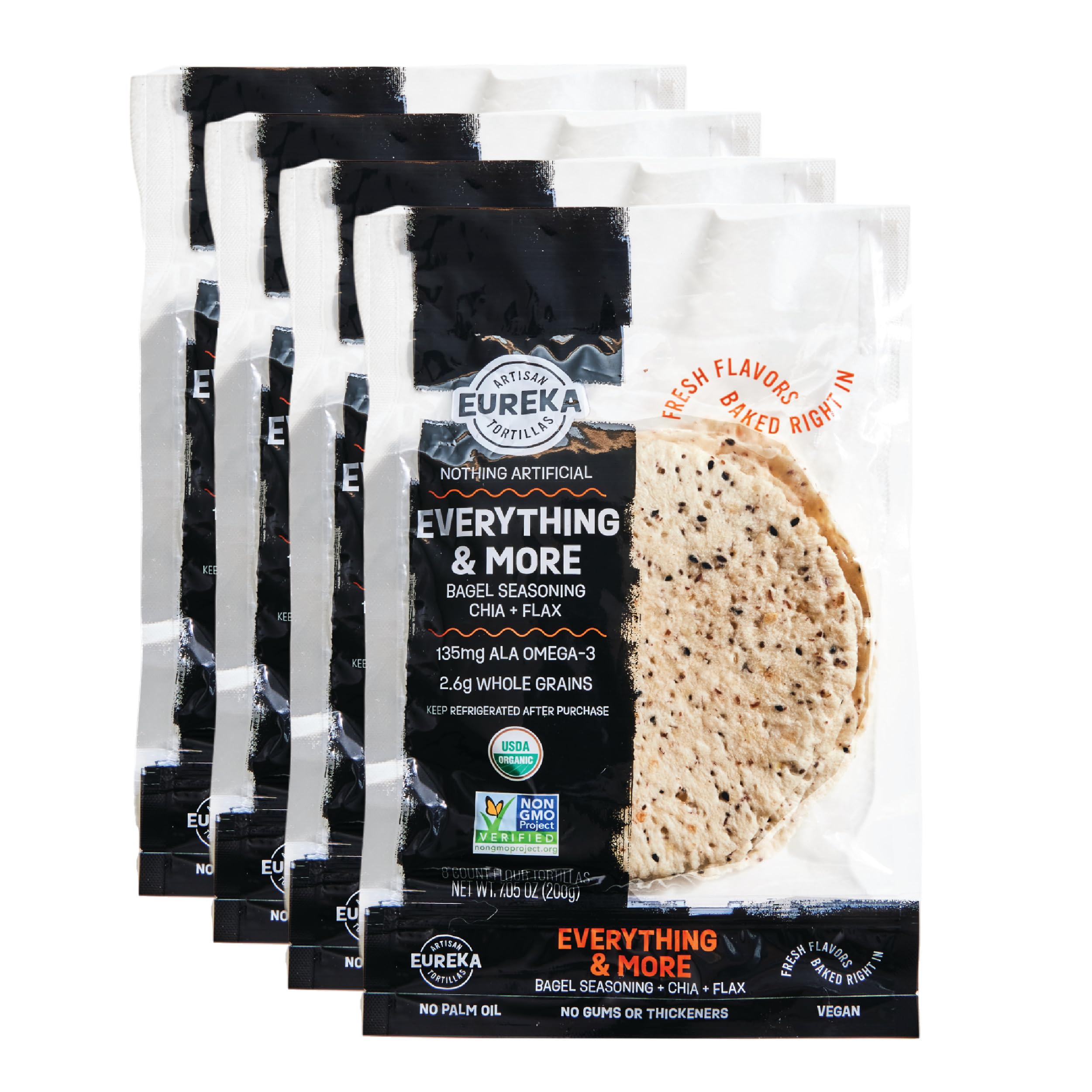 Eureka Tortilla Organic Everything & More Flour Tortillas | Organic Artisanal Tortillas | 6” Mini Wrap Whole Grains | Vegan, Non-GMO, Low Calorie | (4