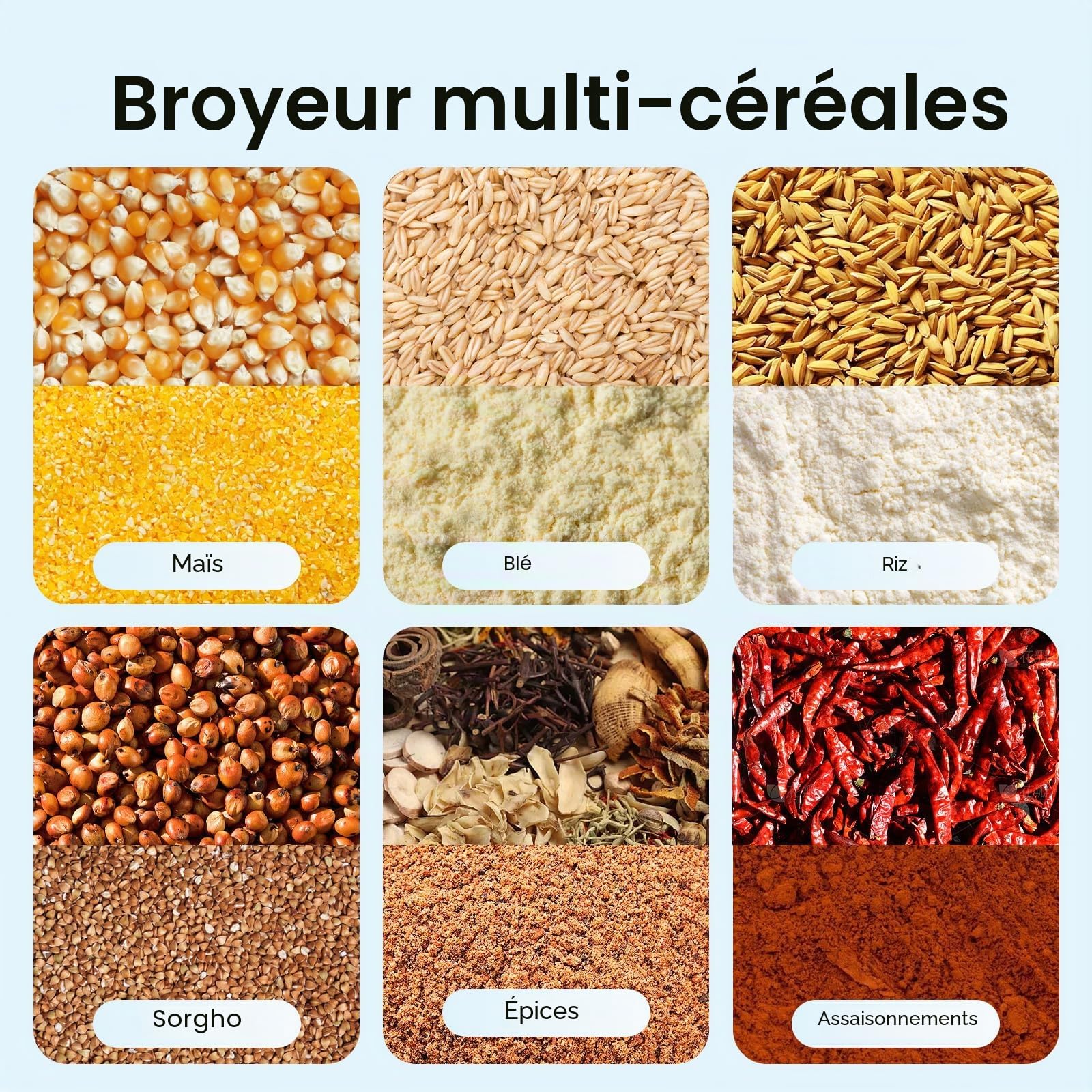 Broyeur de céréales électrique 1000 W, 25 l, broyeur de blé et de riz, broyeur électrique professionnel pour tous les types de céréales