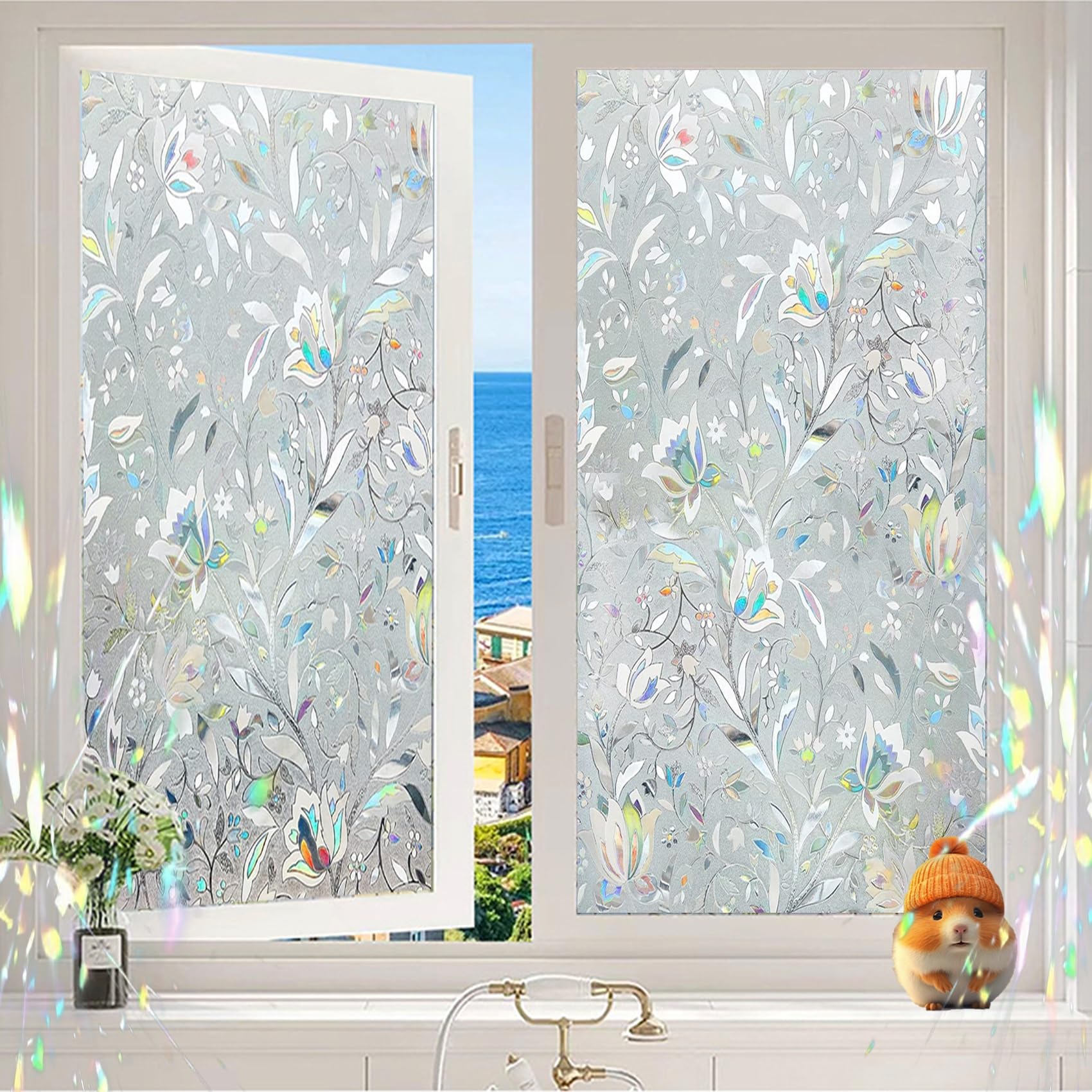 Window Film Privacy Pattern 100 x 240 cm, No Glue Window Sticker, Privacy, Opaque, UV Protection, Static Cling, No Glue Self Adhesive Glass Film with Toolkit for Window, tulip