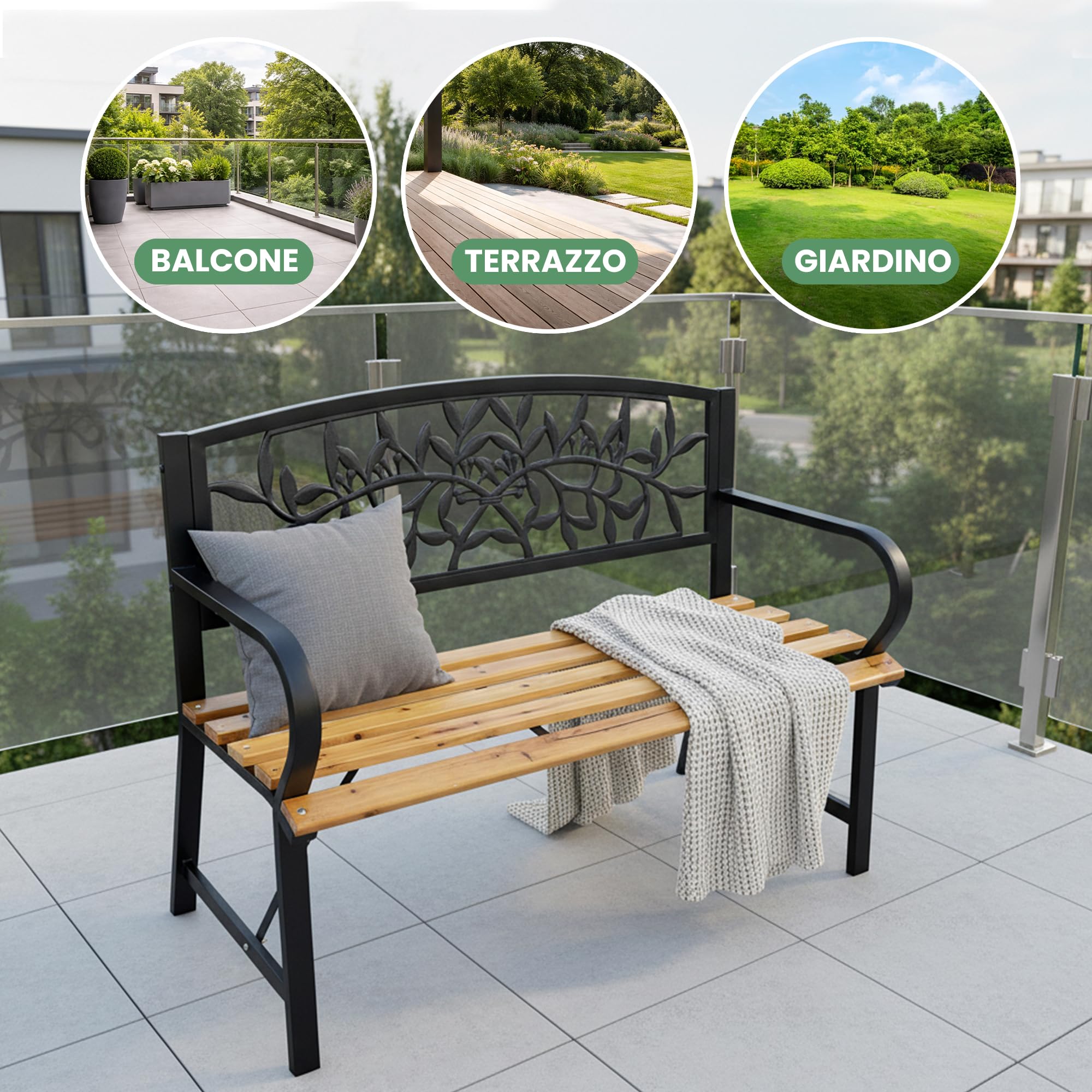 AKORD Panchina da Giardino REO con Gambe in Ghisa e Legno Verniciato | Panca da Esterno | Panchine Esterna con Bracciolo | Panche Moderno Resistente alle Intemperie | Larghezza 118 cm | Nero