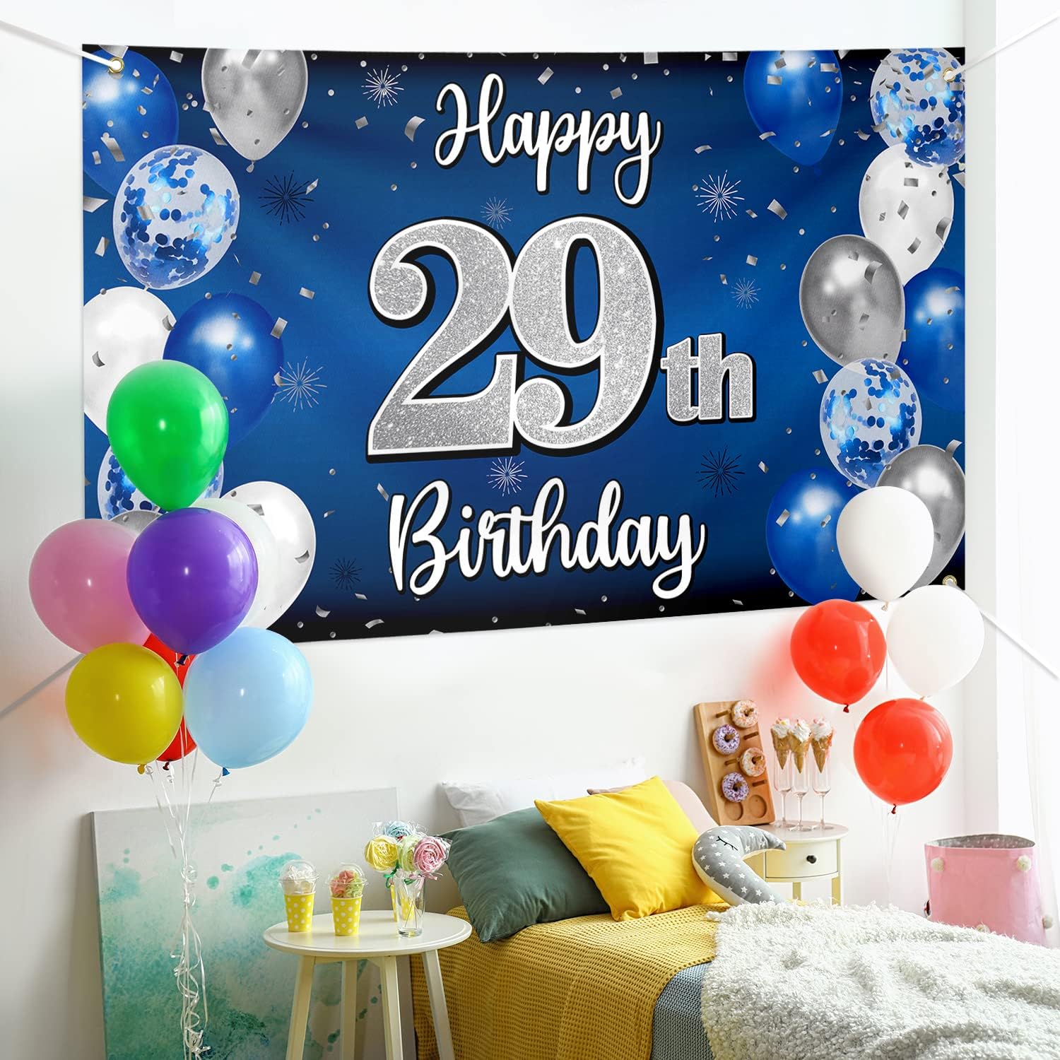 Happy 29th Birthday Decorations,29th Blue & Silver Balloon Large Birthday Banner Backdrop Sign - Cheers to 29 Years Old Bday Party Supplies. - Image 3