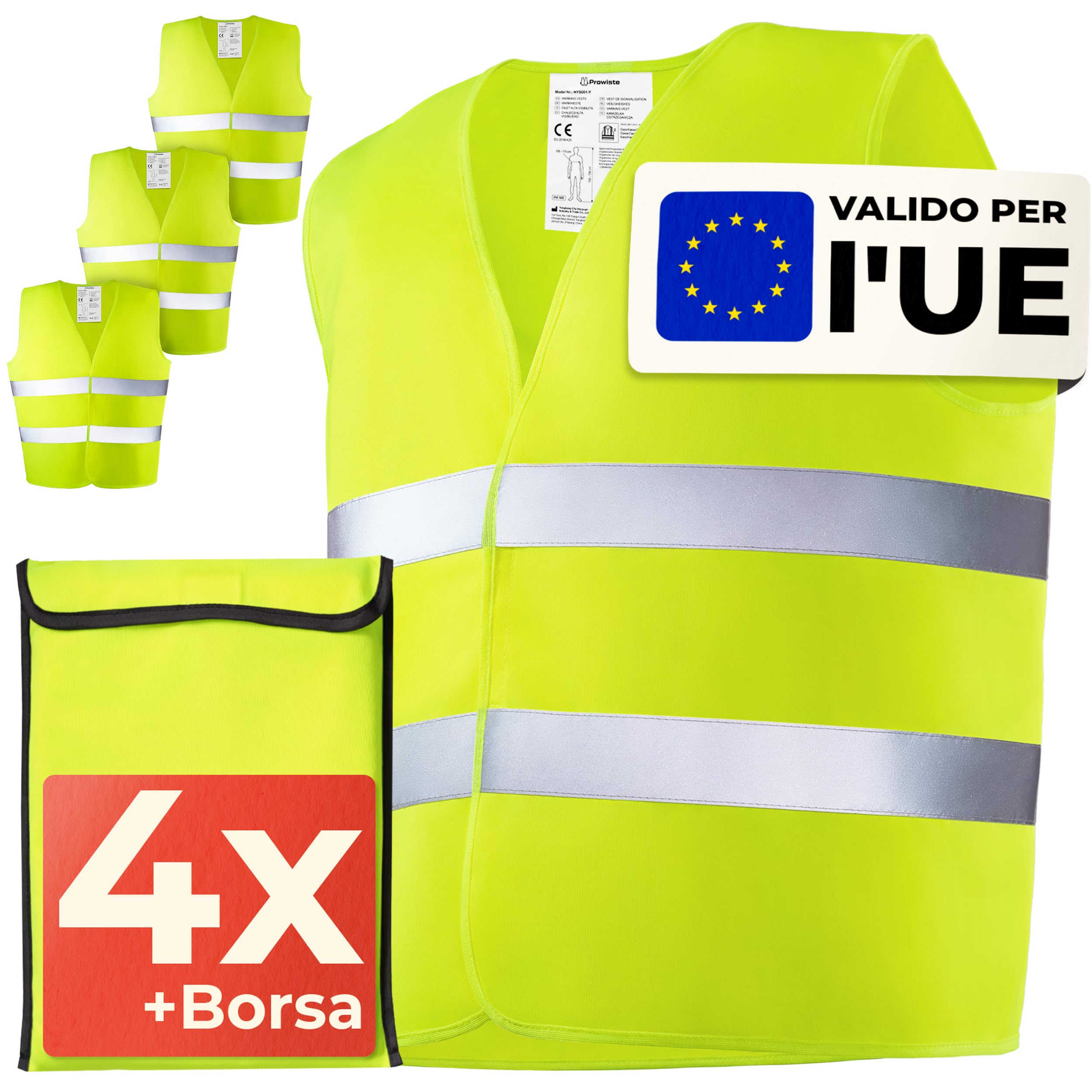 Prowiste 4 Gilet Alta visibilità Set con Borsa – Certificato EN ISO 20471, Valido in Tutta Europa – Ideale per Auto, Costruzione - Taglia Unica - Giallo
