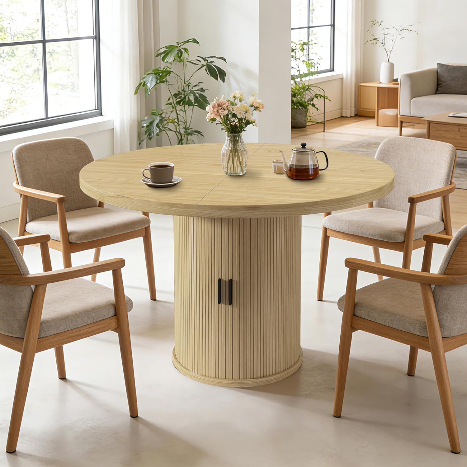 35.5'' Round Pedestal Dining Table, Modern Fluted Dining Room Kitchen Table with Storage Shelf, Wood Base Dinner Tables for Kitchen, Breakfast Nook, Small Space, Living Room(Natural)