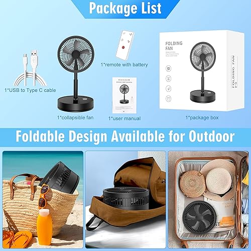 Miniatura 8 de LIPETY Ventilador de viaje oscilante portátil con control remoto, batería recargable de 7200 mAh, ventilador de pedestal plegable de pie,