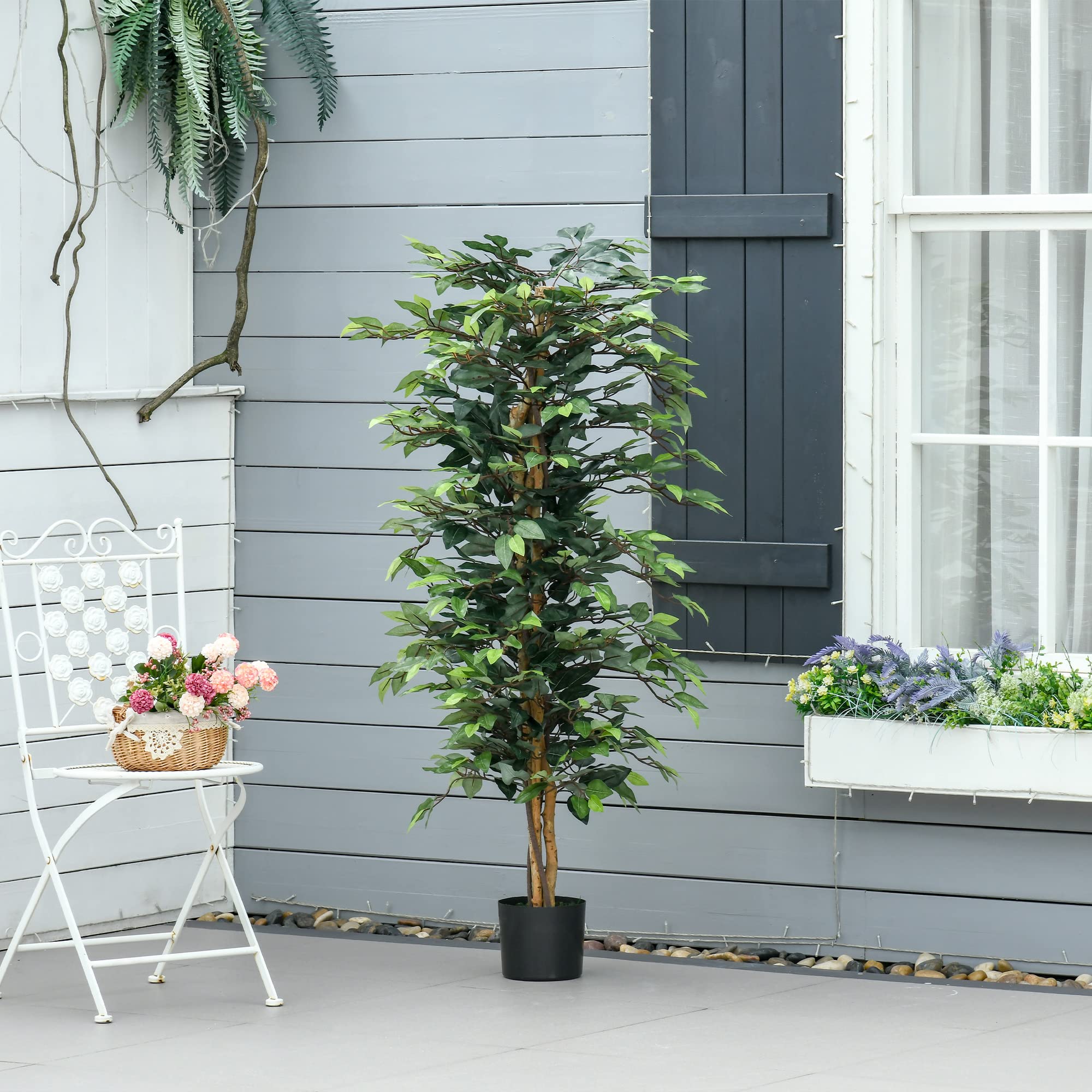HOMCOM Pianta Finta di Ficus Alta 150cm Decorativa per Interno Esterno | Pianta Artificiale, con Vaso Incluso, per Giardino Ufficio Soggiorno