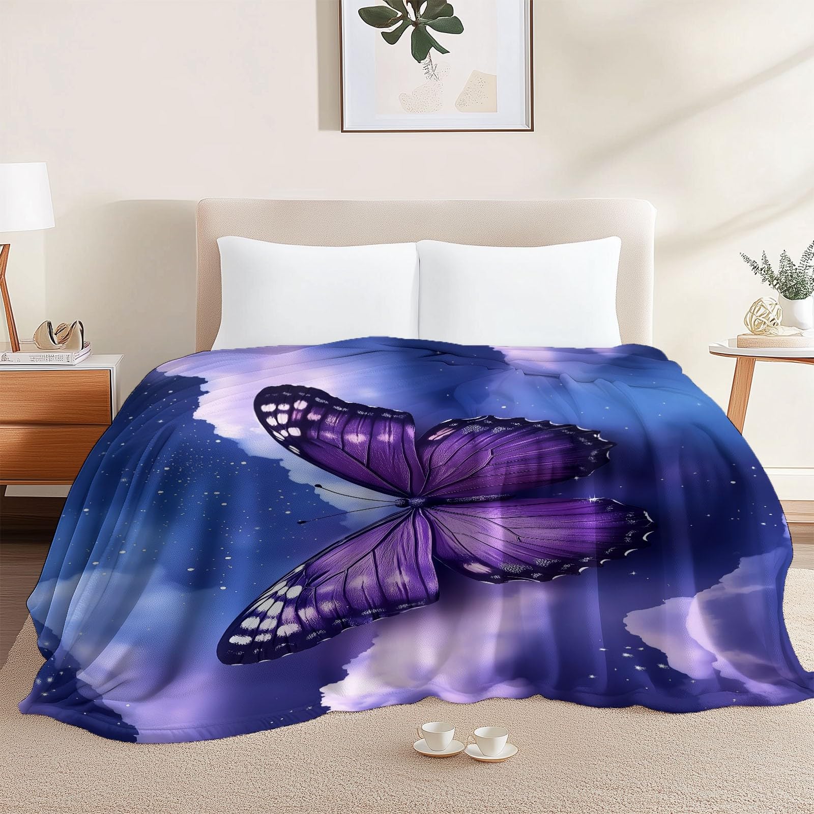 Coperta in pile di flanella 200 x 220 cm, Morbido e caldo, Motivo con Cielo Stellato Fantasy Farfalla, Coperta per camera da letto soggiorno ufficio, Viola