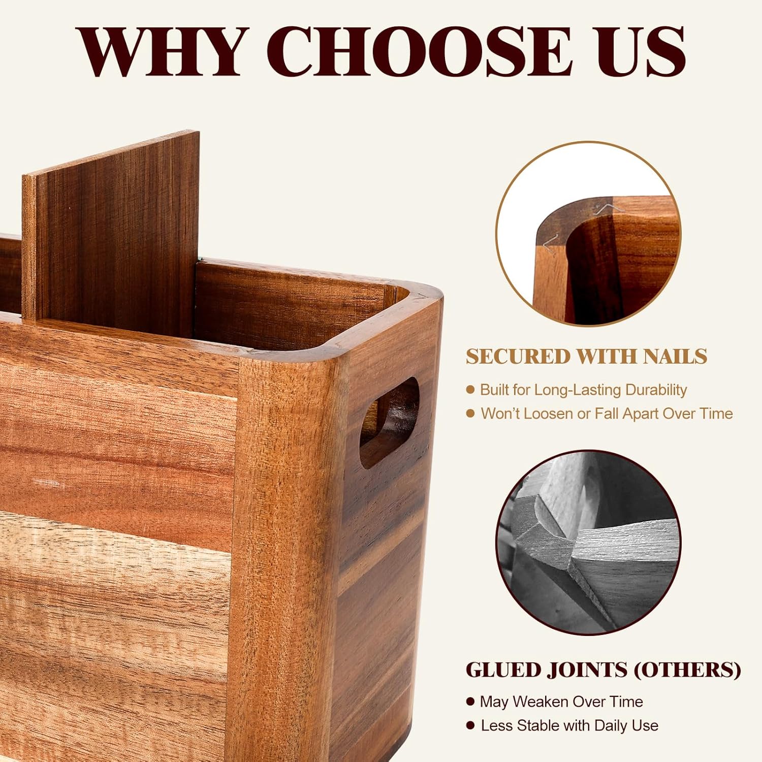 TGS Kitchen Utensil Holder for Counter, Solid Acacia Wood Utensil Organizer with 4 Compartments, Large Cooking Utensil Holder for Kitchen Countertop