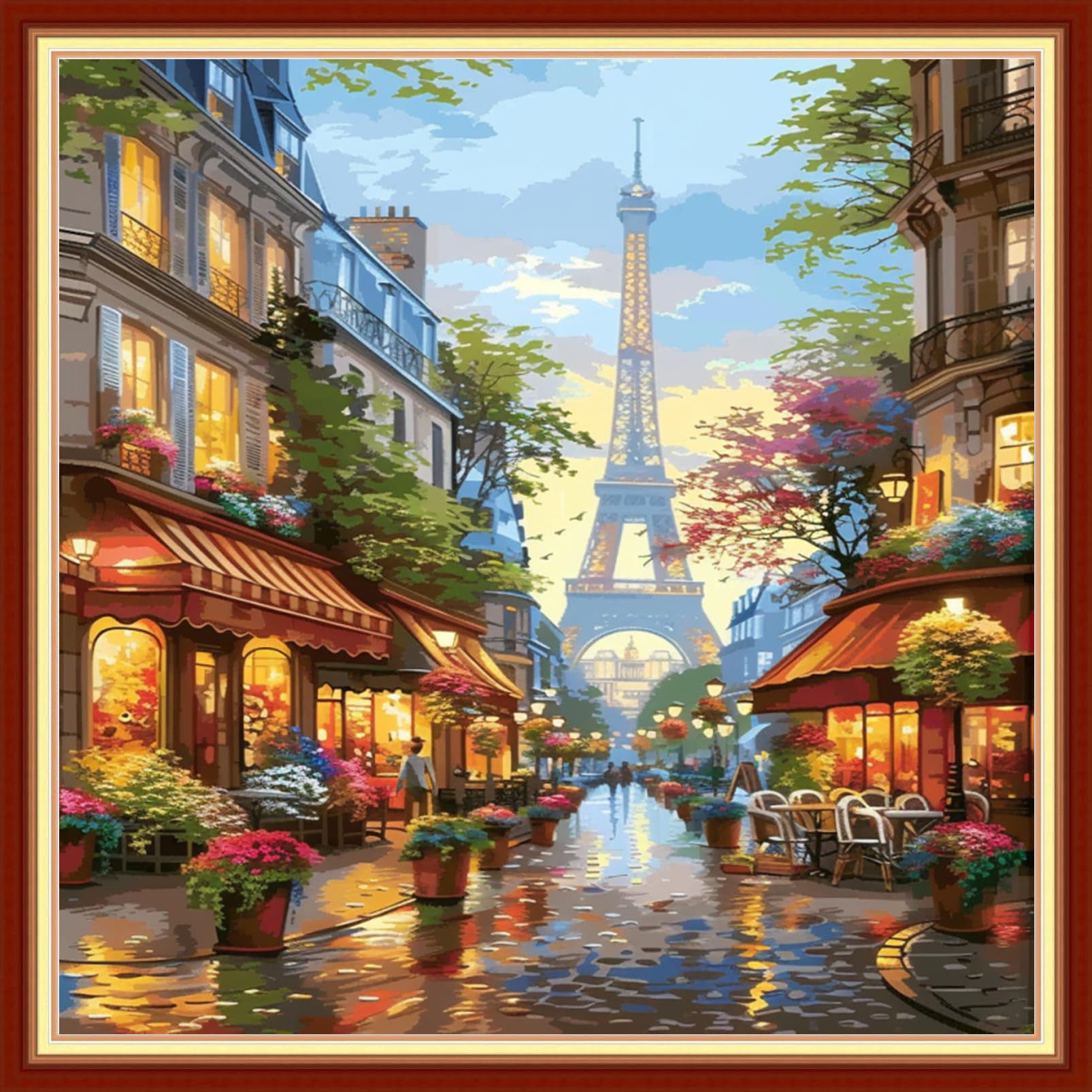 Joyhoor Stamped Cross Stitch Kits for Beginners Needlepoint Kits for Adults Embroidery Kits 11CT Counted Cross Stitch Kits Printed Embroidery Pattern-Eiffel Tower Flower Market 18x18 inchs