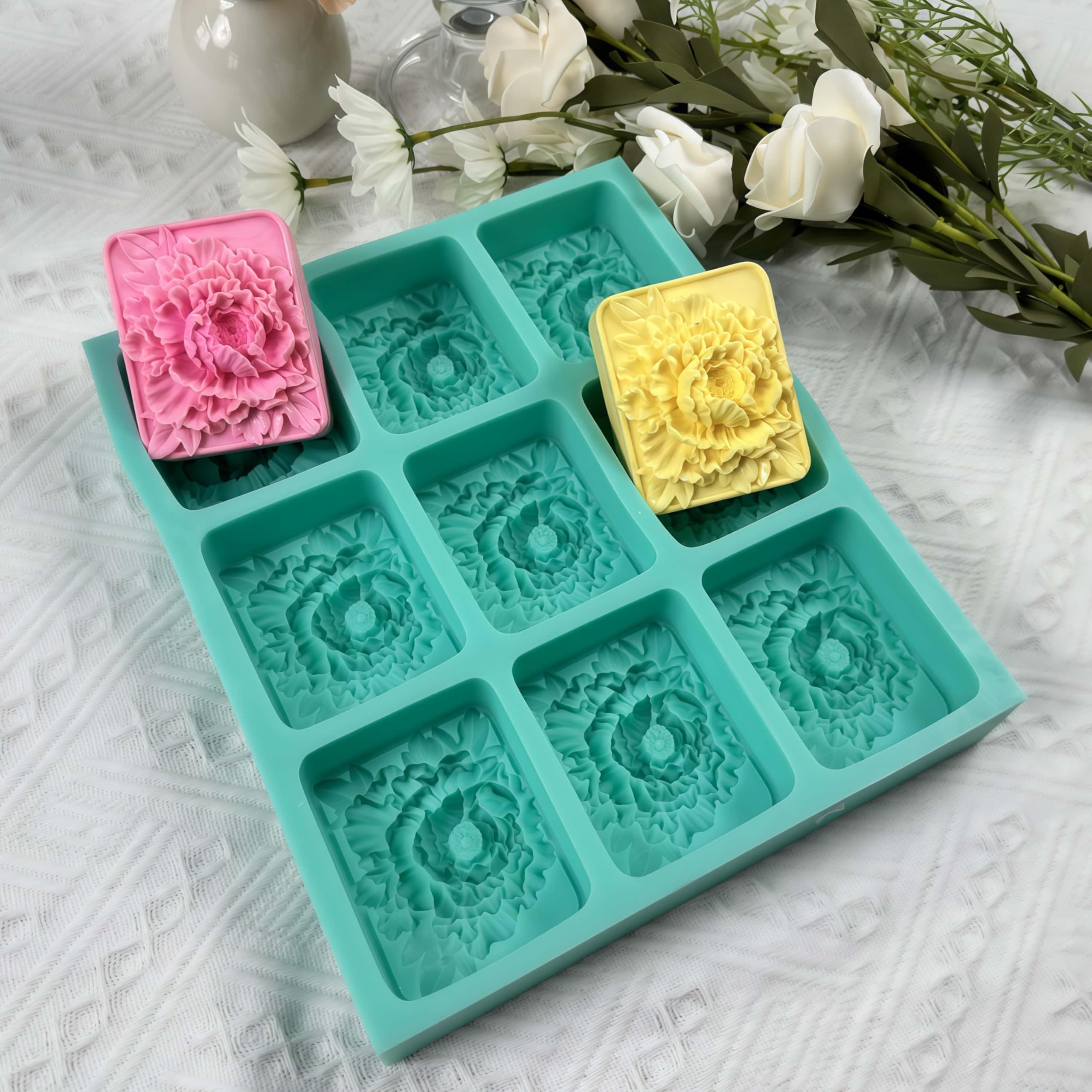 Bandeja de silicona con 9 cavidades para hacer jabón natural, moldes de jabón de flores, moldes de cera de velas, molde de jabón de silicona hecho a mano, herramientas para hornear pasteles de