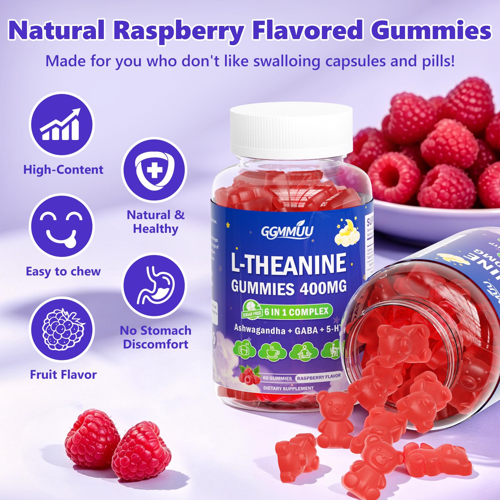Sugar Free L-Theanine Gummies 400mg - Calm & Focus Support, 60 Count — Amazon image 6