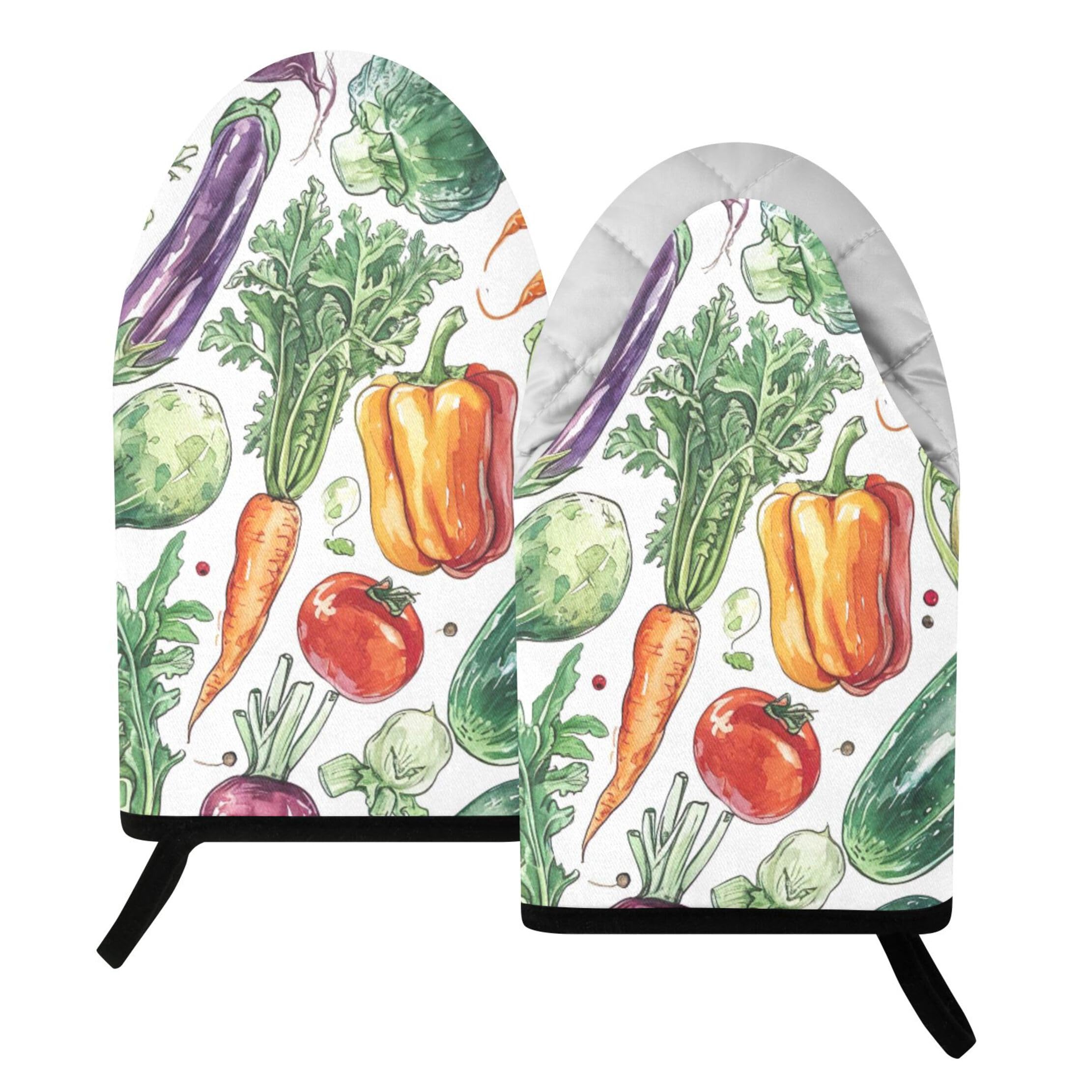 Fuauuyl Oven Mitts Heat Resistant Kitchen Gloves, Scribble Vegetable Pattern Classic Oven Gloves with Hanging Loop for Baking BBQ Cooking Grilling, 1 Pair, 9.5 in